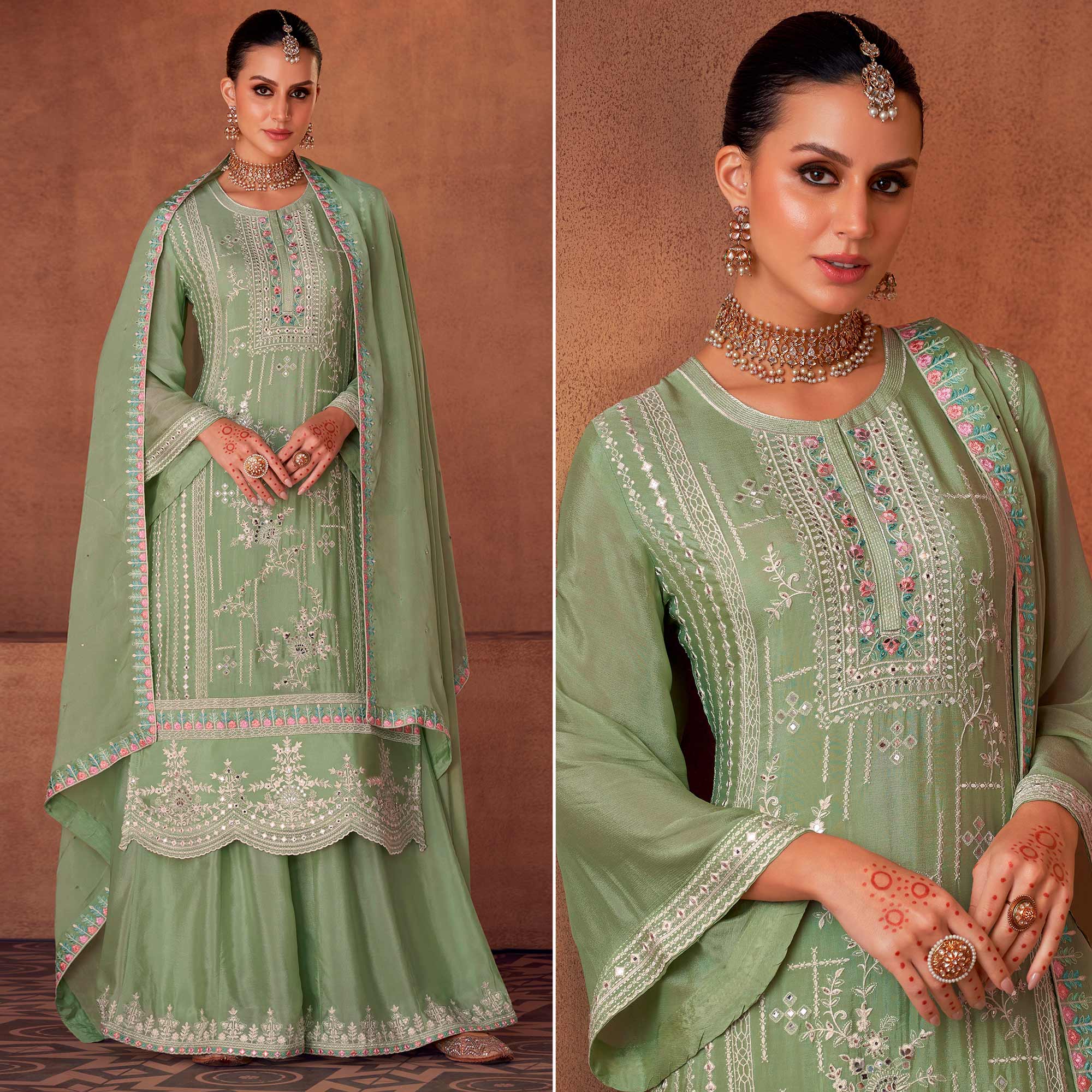 Green Floral Sequins Embroidered Georgette Semi Stitched Palazzo Suit