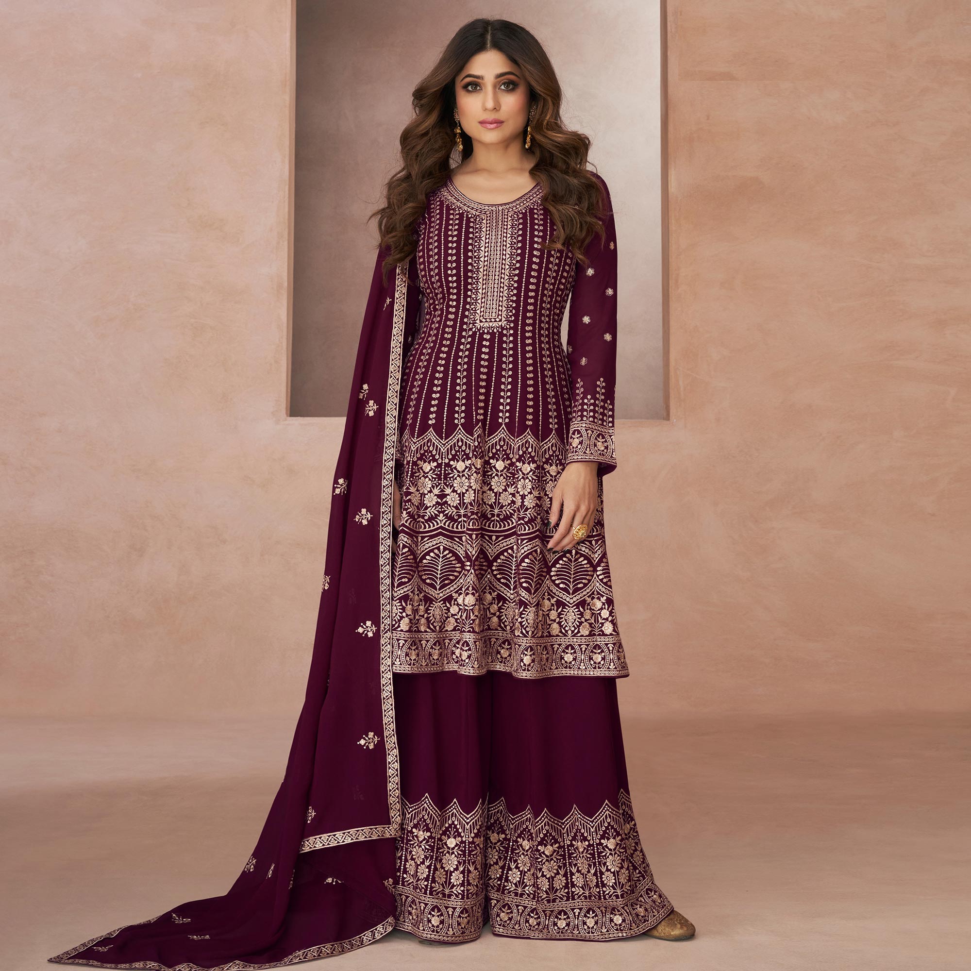 Wine Floral Embroidered Georgette Semi Stitched Suit
