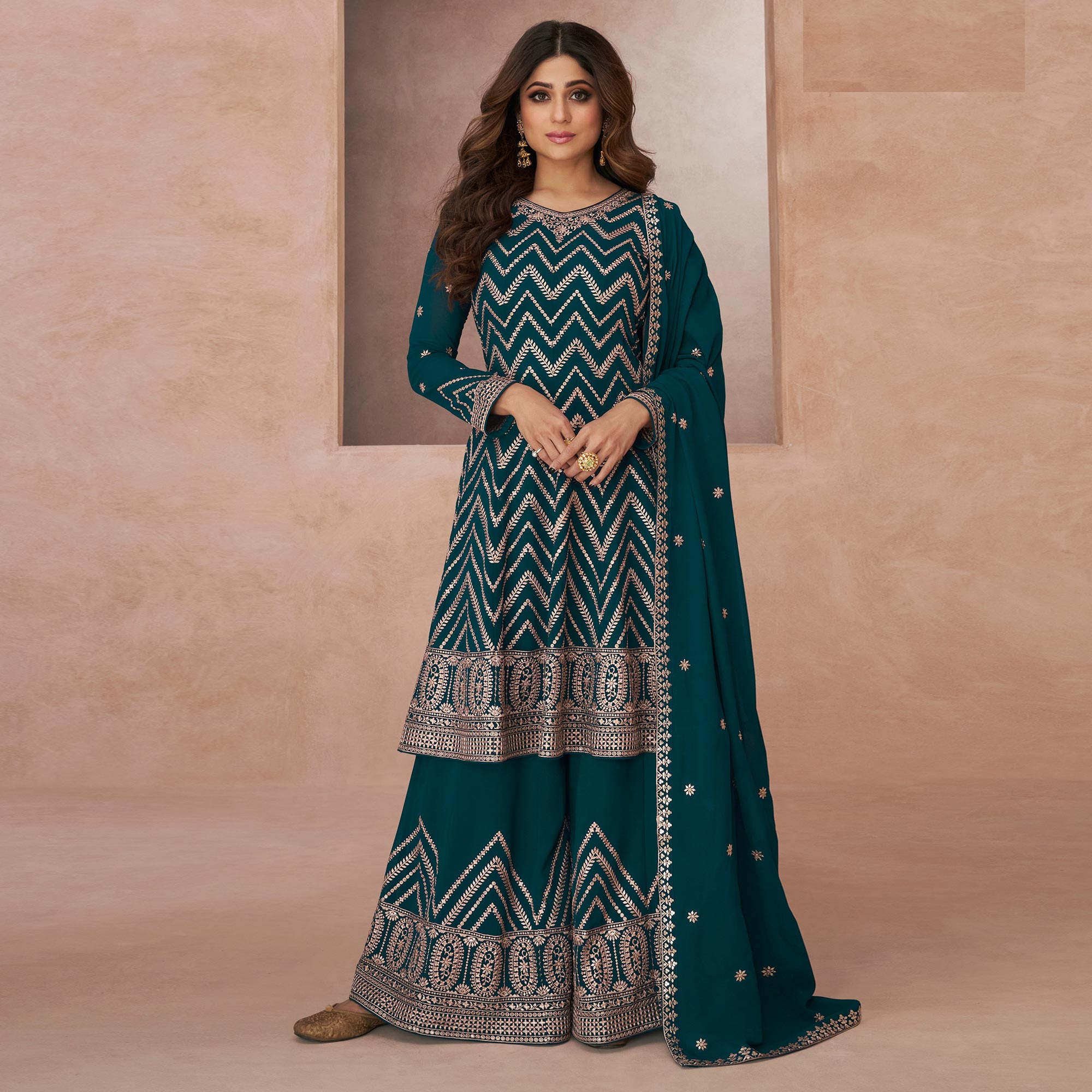 Teal Floral Embroidered Georgette Semi Stitched Suit