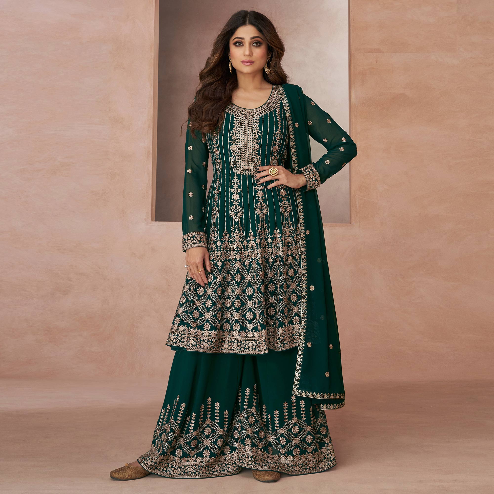 Green Floral Embroidered Georgette Semi Stitched Suit