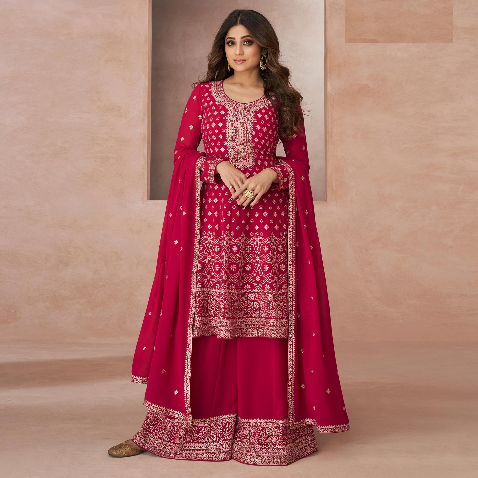 Pink Floral Embroidered Georgette Semi Stitched Suit
