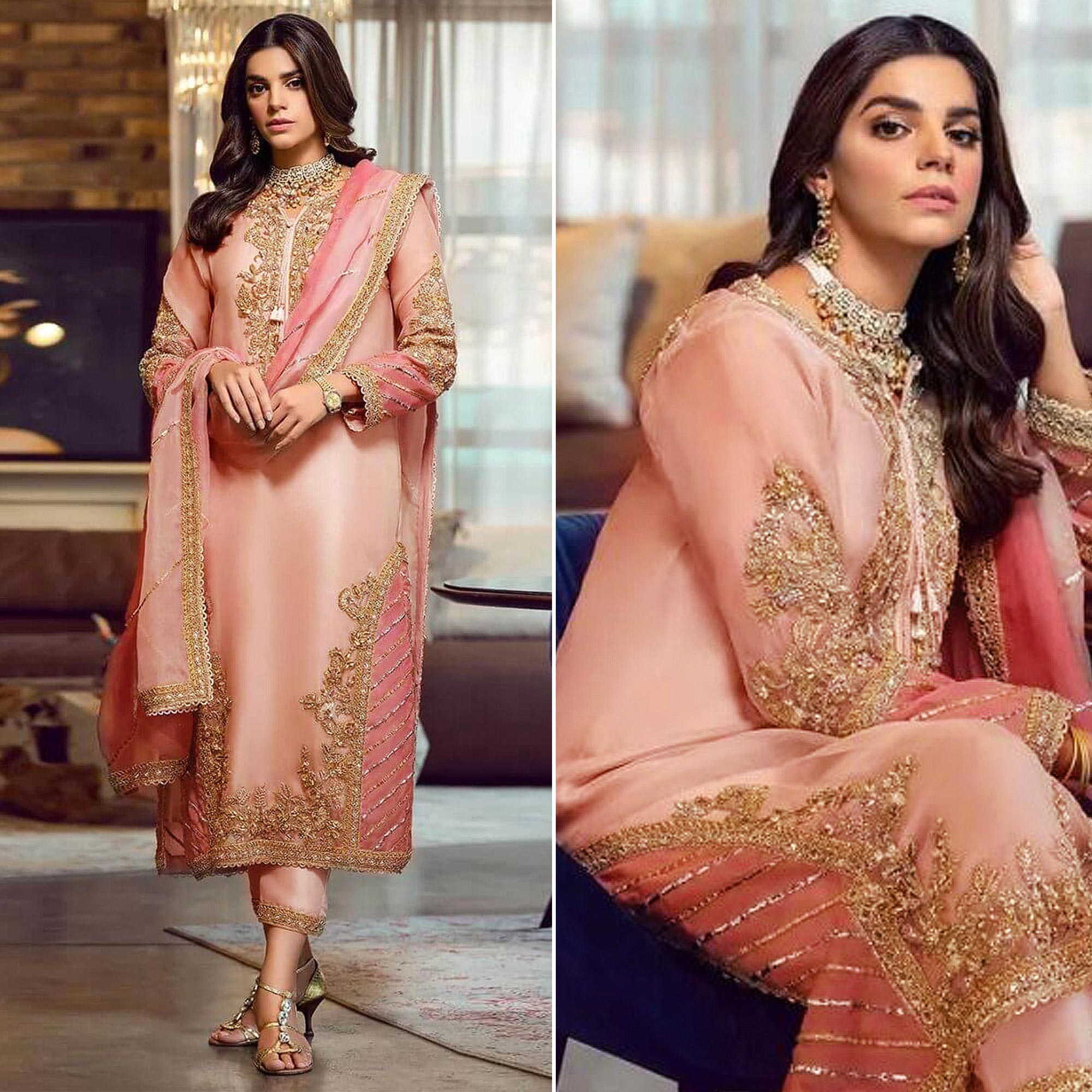 Peach Floral Embroidered Georgette Semi Stitched Pakistani Suit