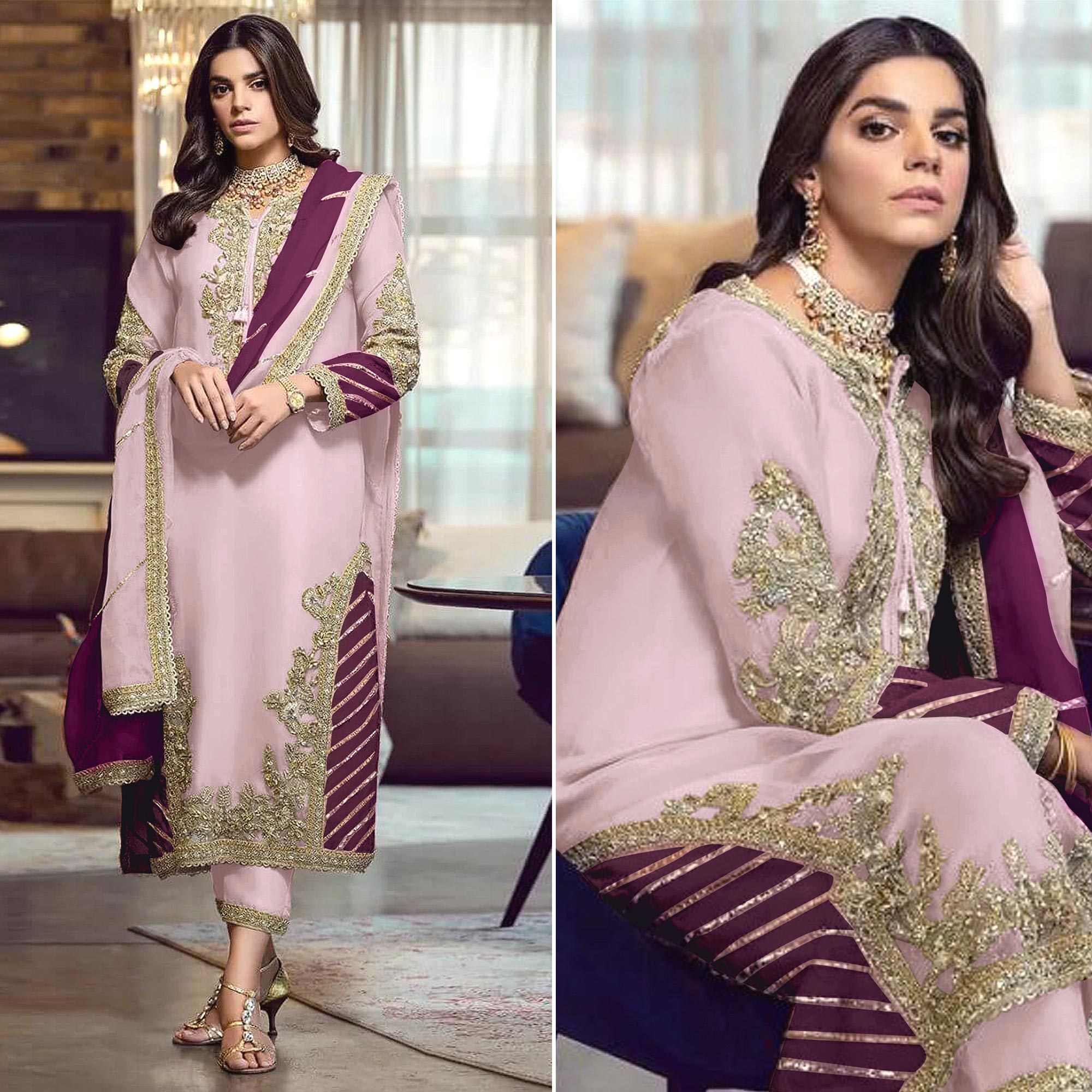 Pink Floral Embroidered Georgette Semi Stitched Pakistani Suit