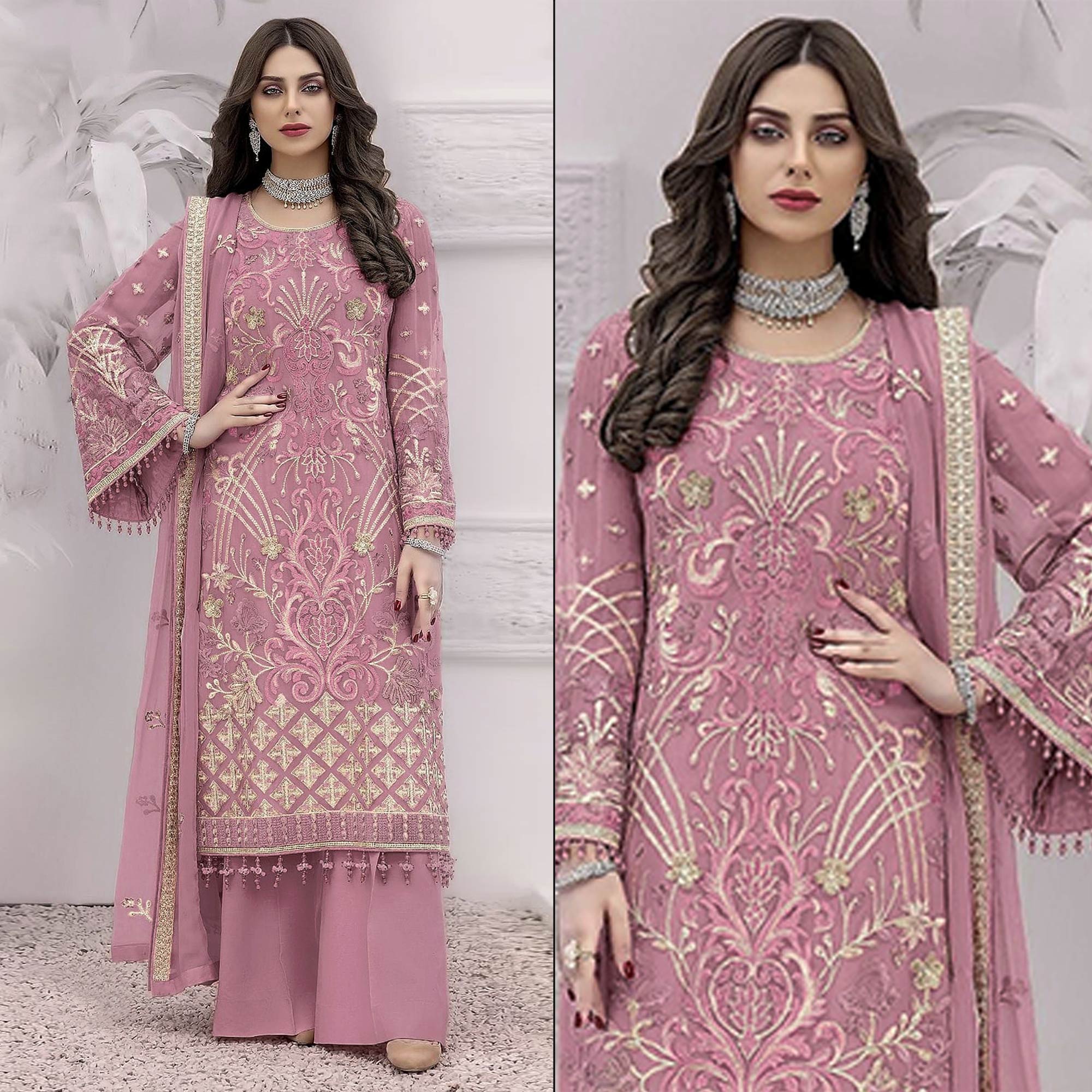 Pastel Pink Floral Embroidered Georgette Semi Stitched Pakistani Suit