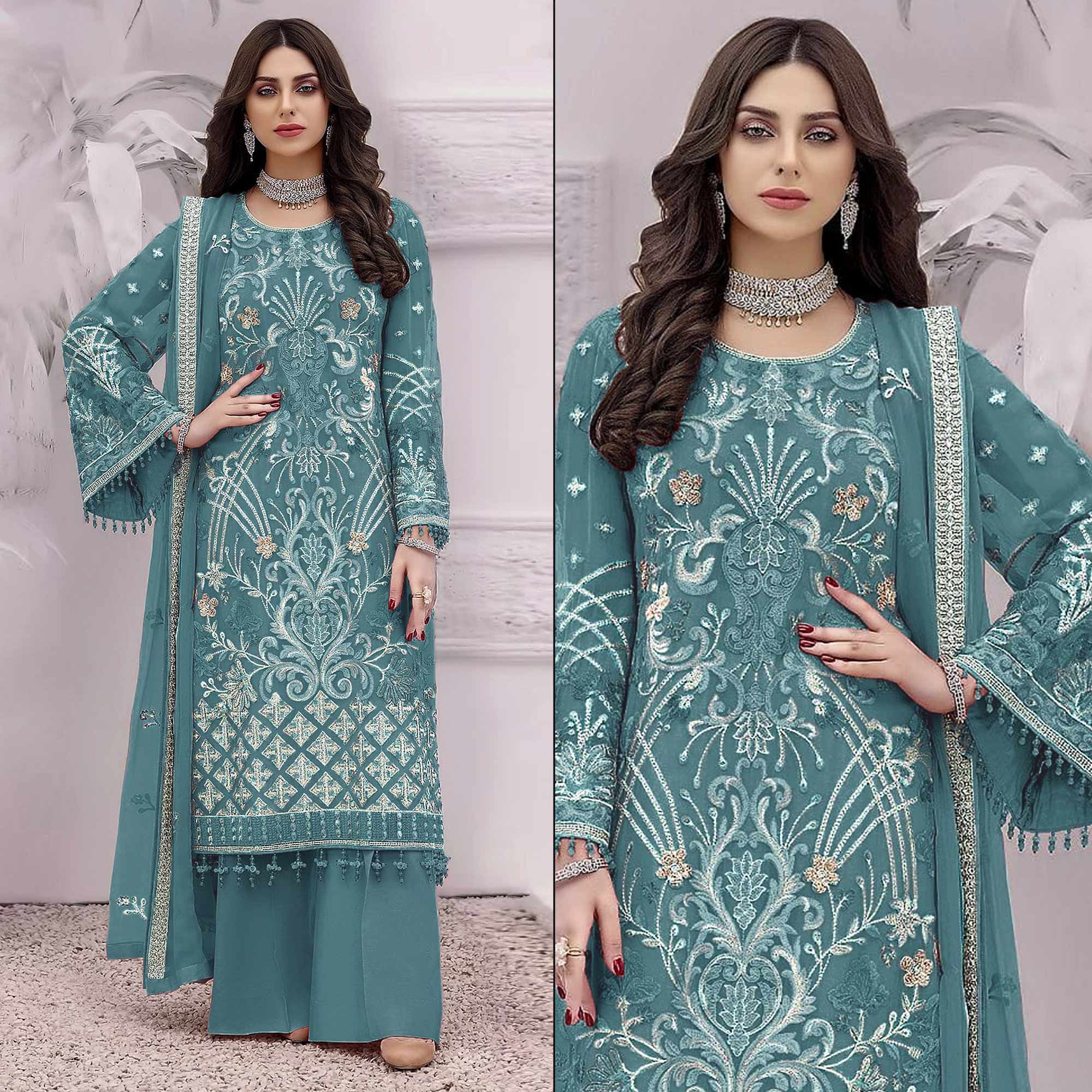 Sky Blue Floral Embroidered Georgette Semi Stitched Pakistani Suit