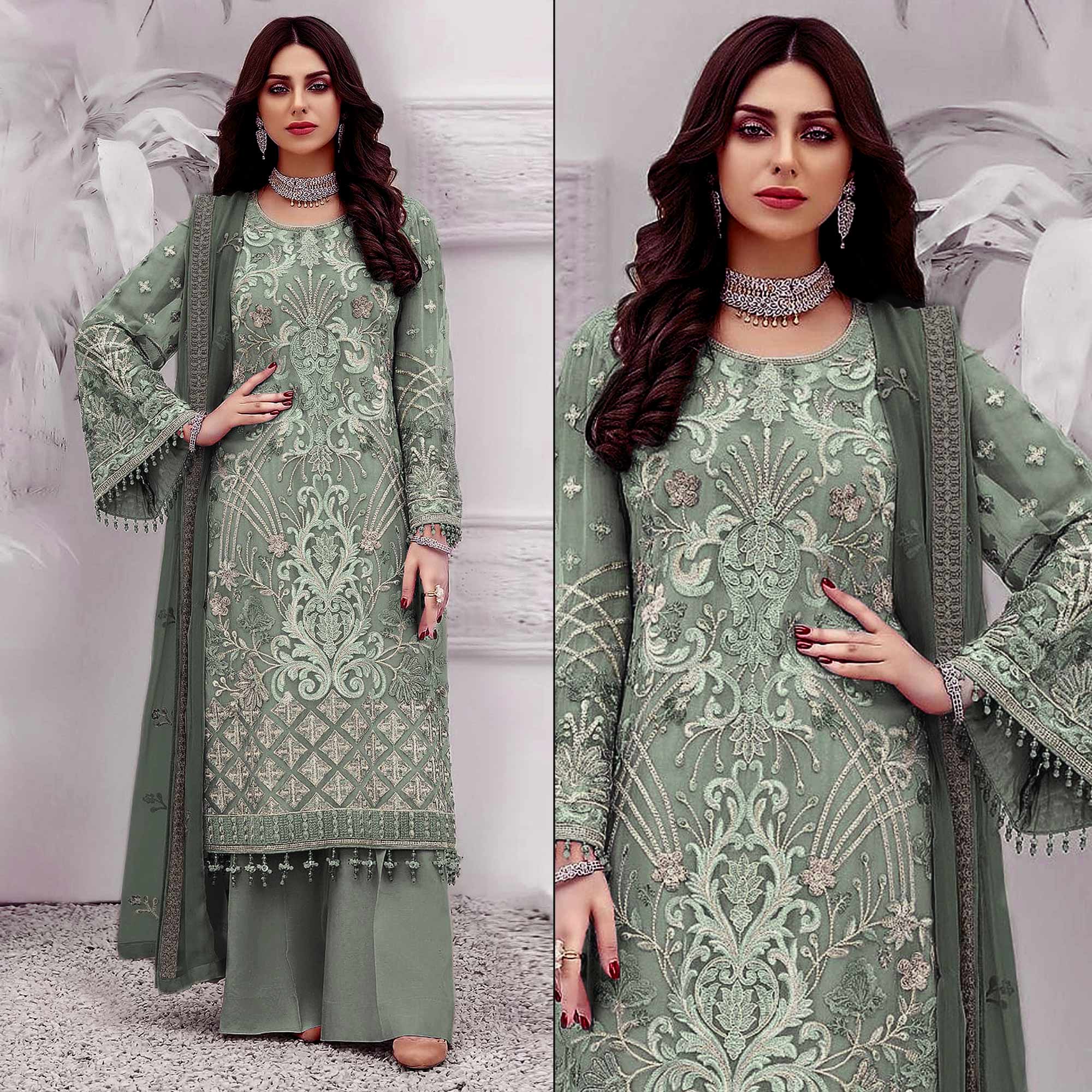 Mint Green Floral Embroidered Georgette Semi Stitched Pakistani Suit