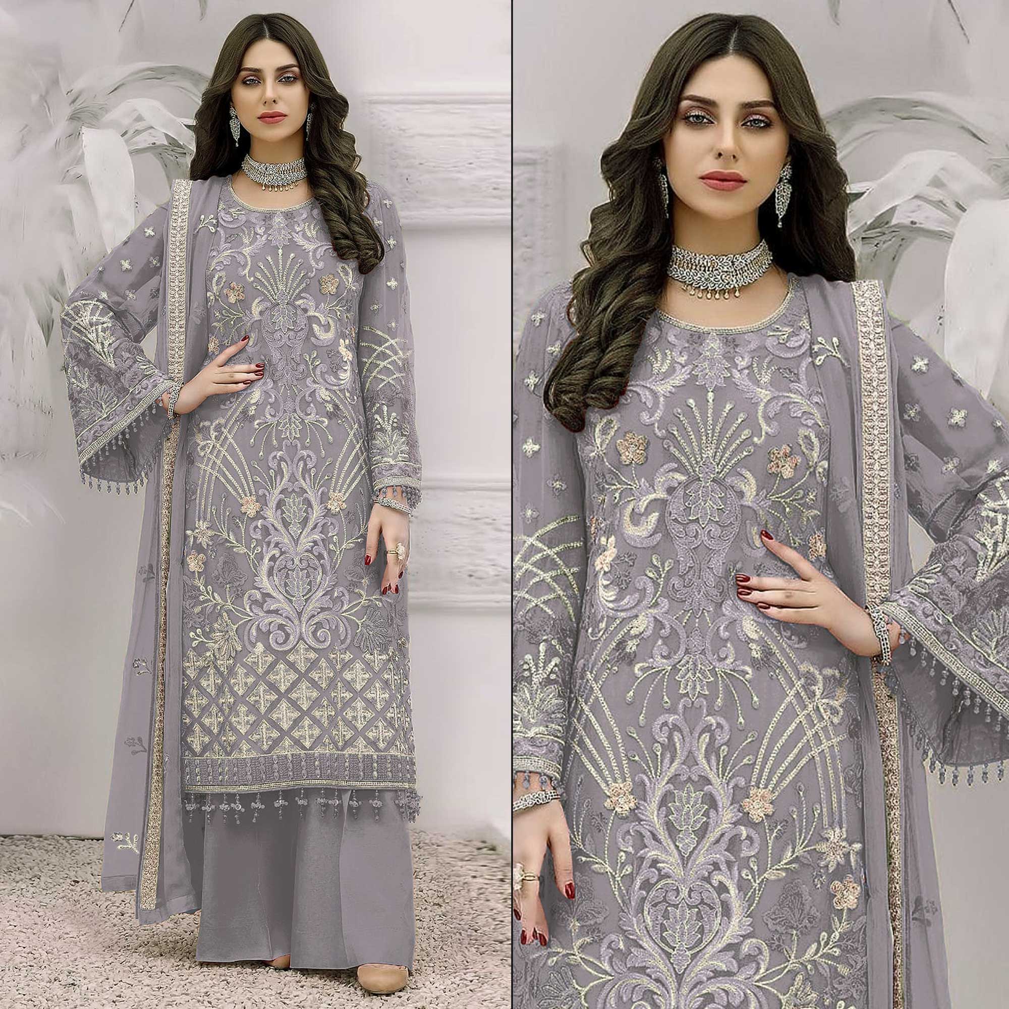Violet Floral Embroidered Georgette Semi Stitched Pakistani Suit