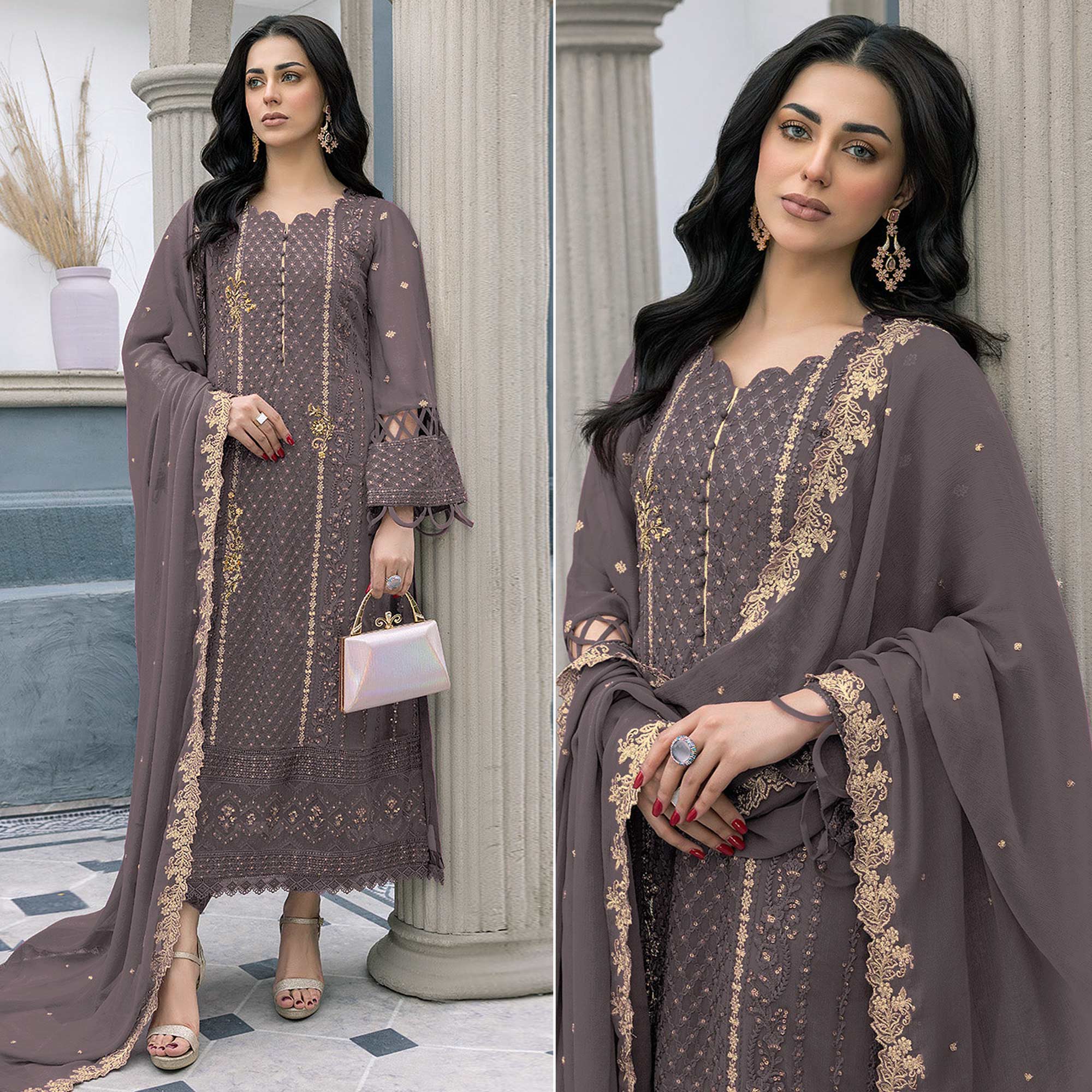 Brownish Mauve Floral Embroidered Georgette Semi Stitched Pakistani Suit