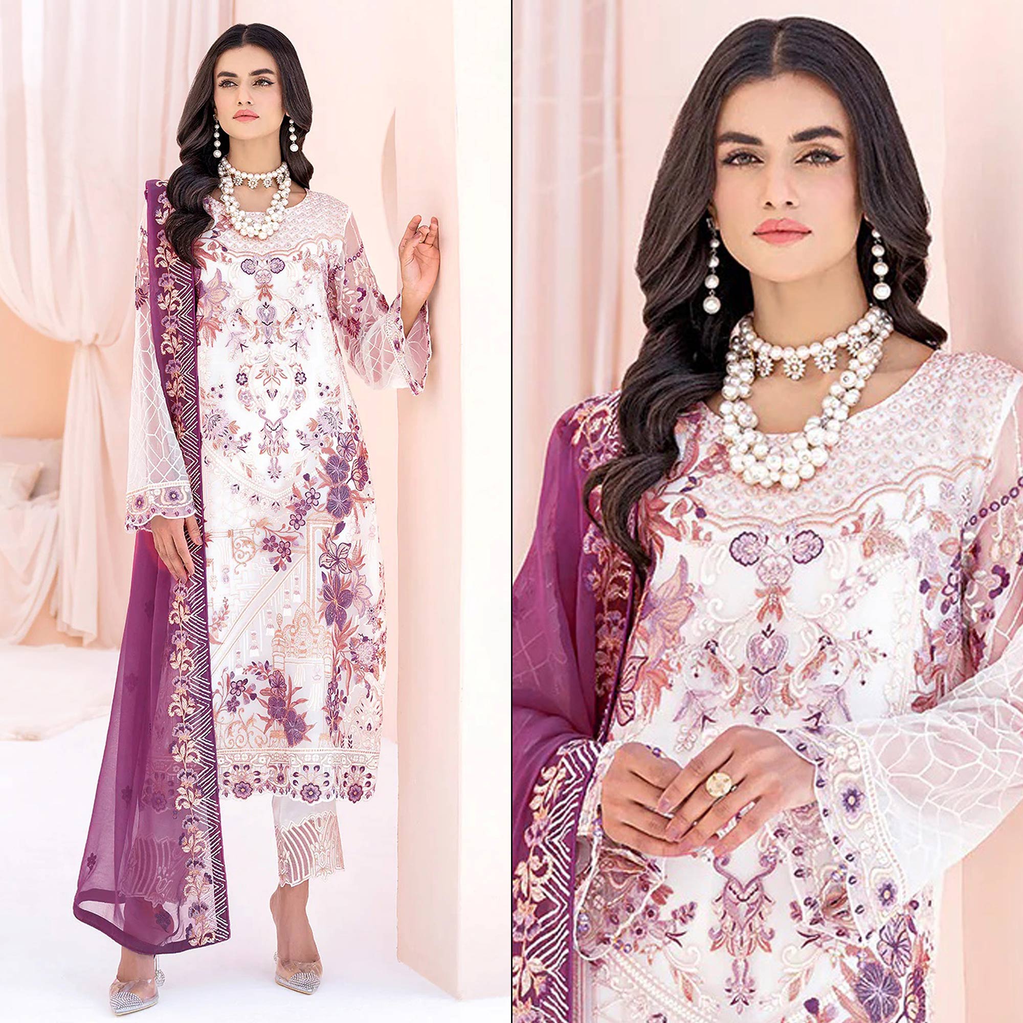 White & Purple Floral Embroidered Georgette Semi Stitched Pakistani Suit
