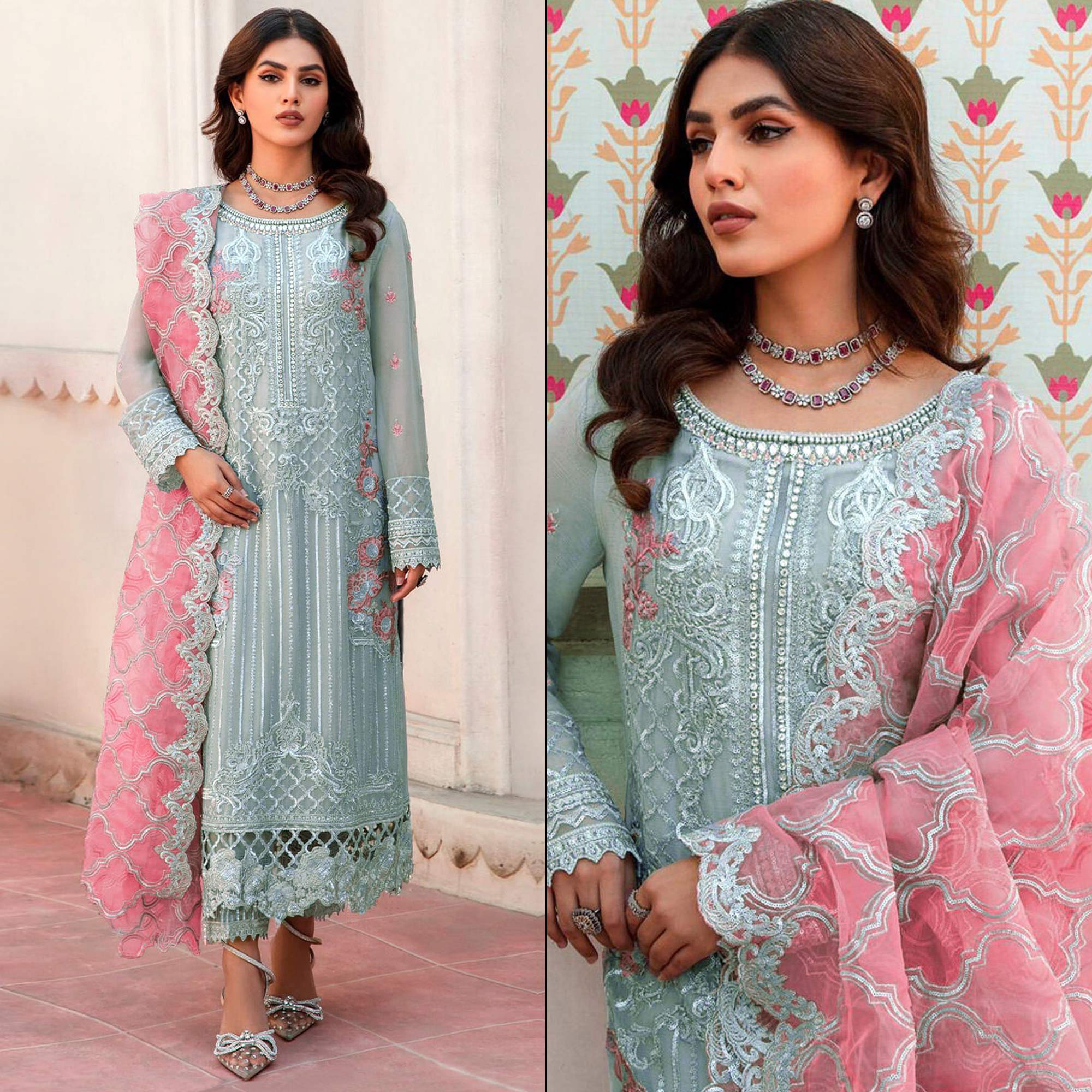 Grey Floral Embroidered Organza Semi Stitched Pakistani Suit