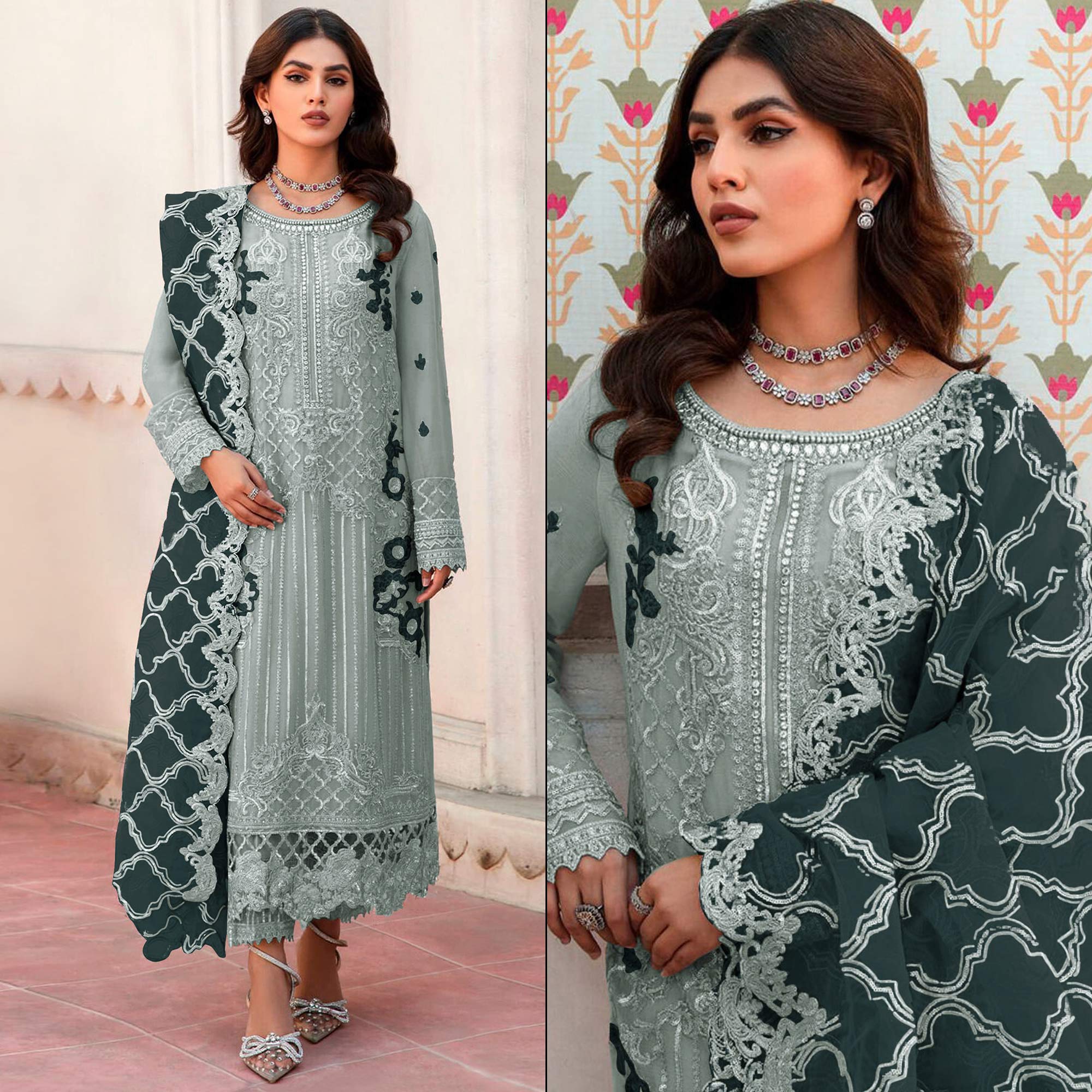 Green Floral Embroidered Organza Semi Stitched Pakistani Suit