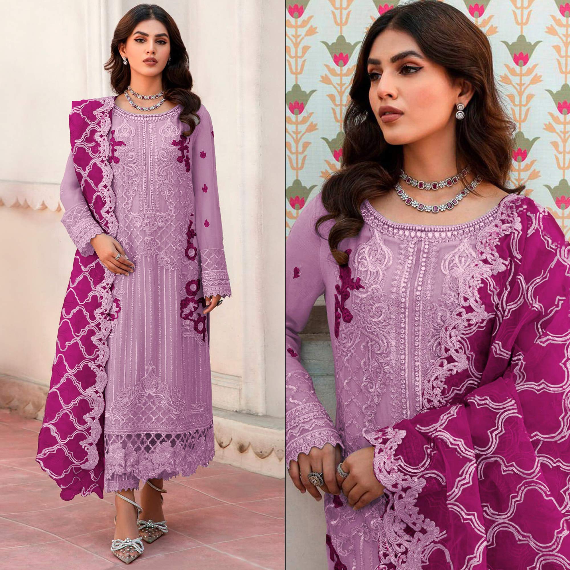 Purple Floral Embroidered Organza Semi Stitched Pakistani Suit