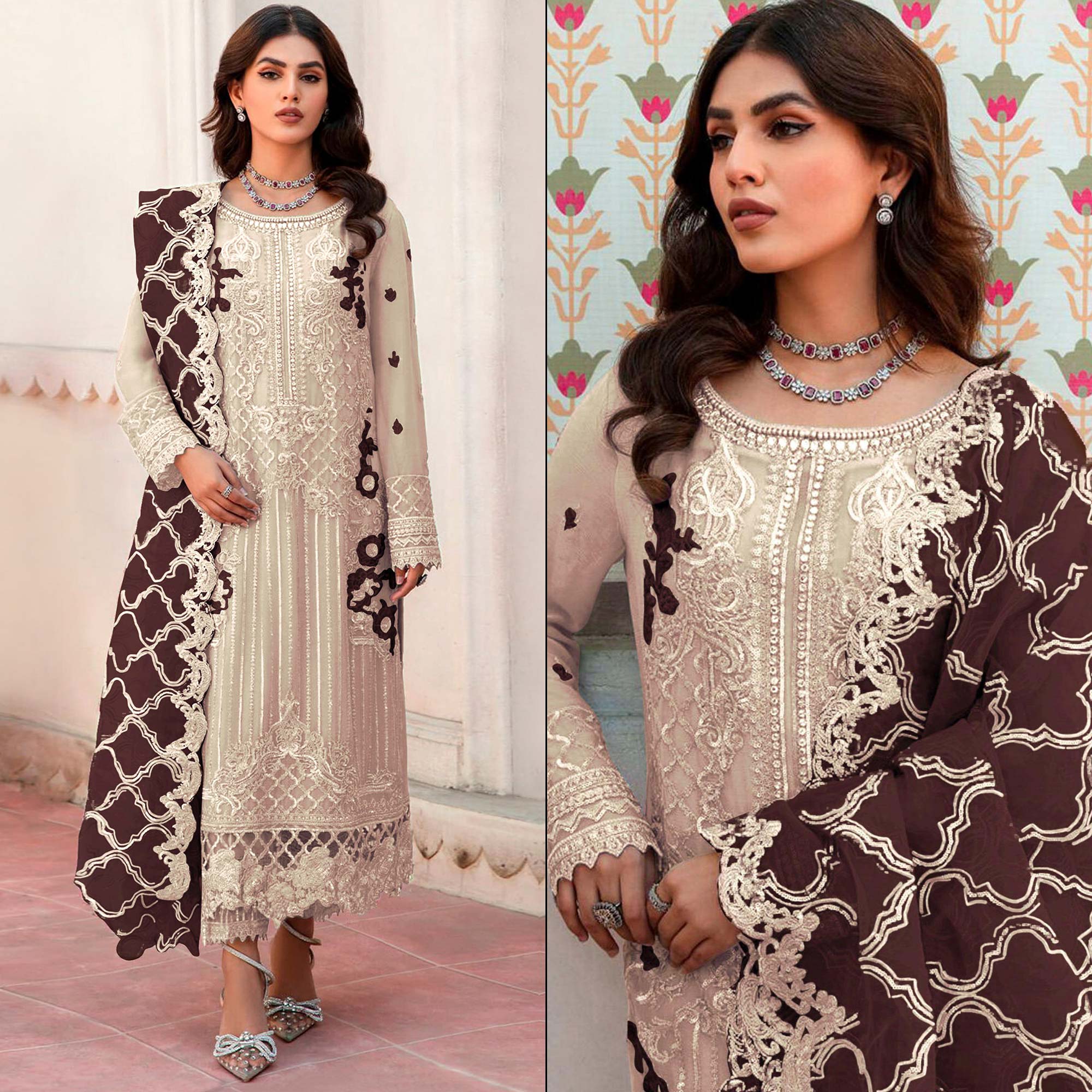 Beige Floral Embroidered Organza Semi Stitched Pakistani Suit