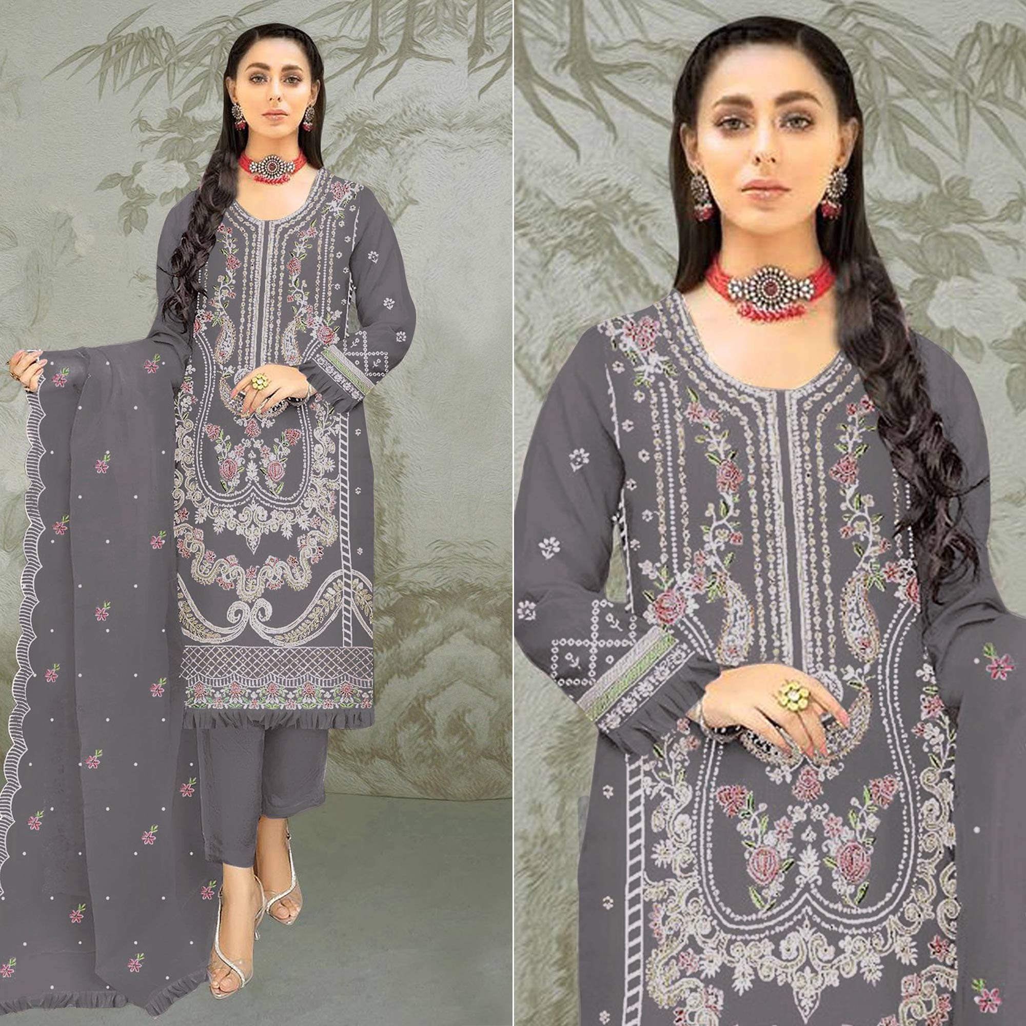 Grey Floral Embroidered Organza Semi Stitched Pakistani Suit