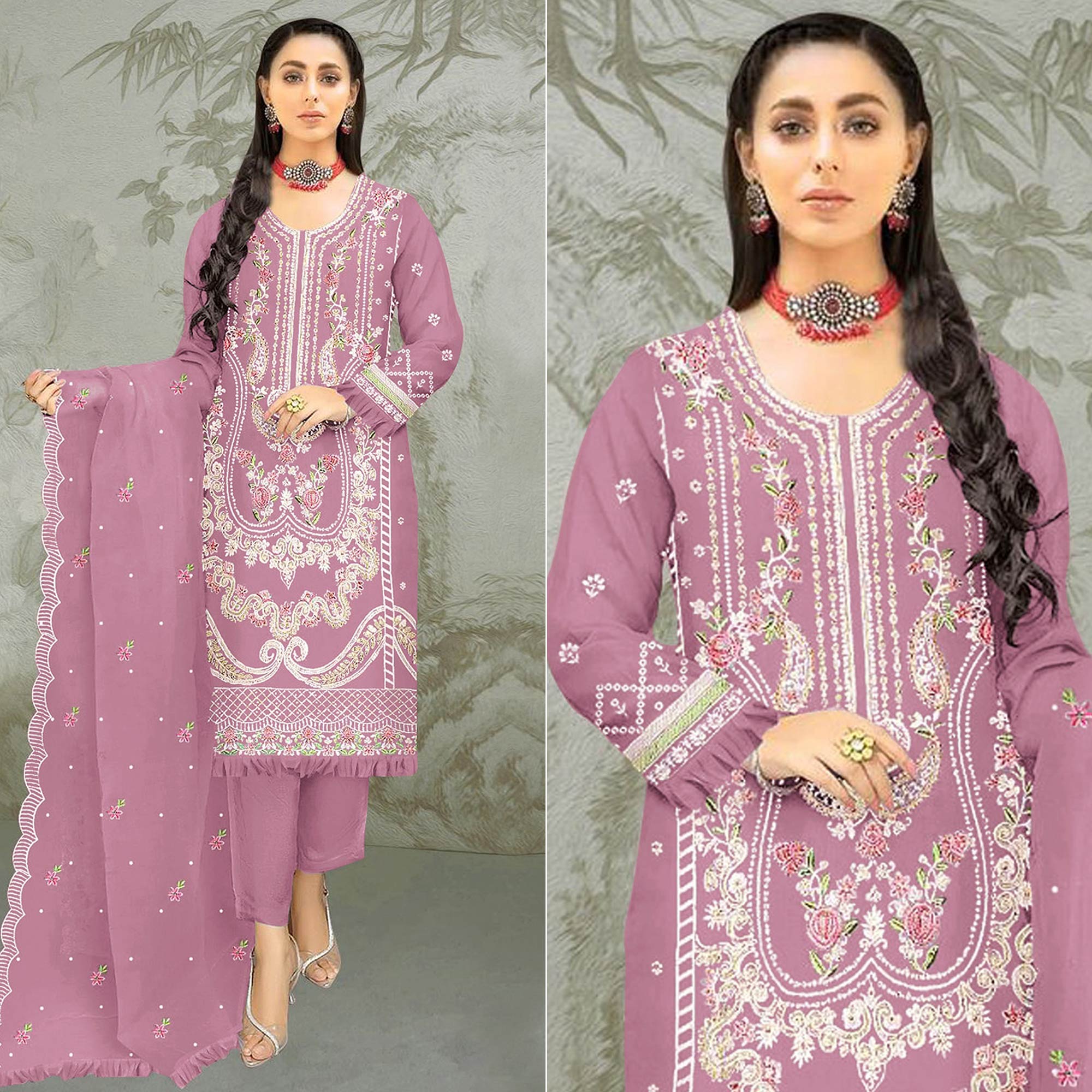 Pink Floral Embroidered Organza Semi Stitched Pakistani Suit