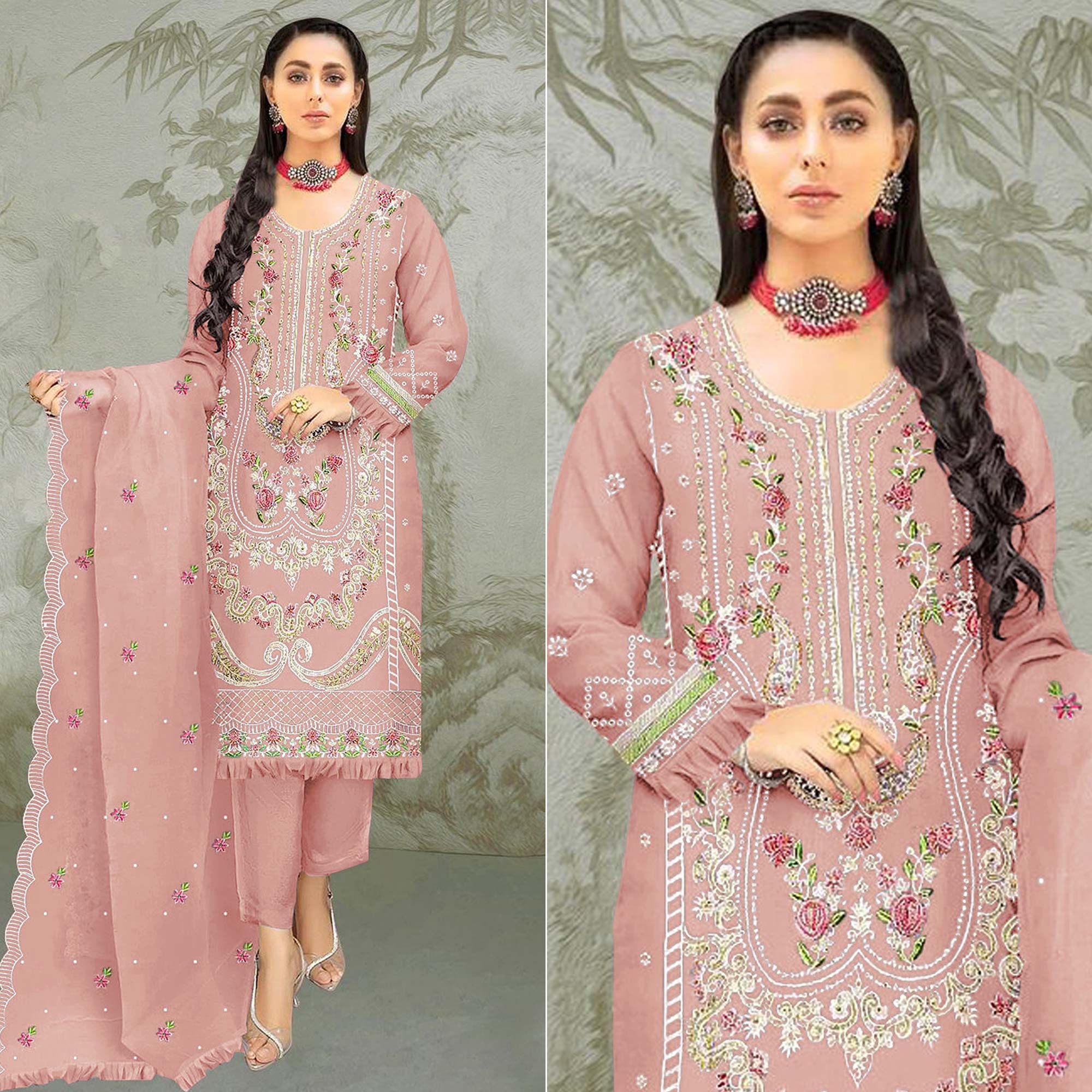 Peach Floral Embroidered Organza Semi Stitched Pakistani Suit