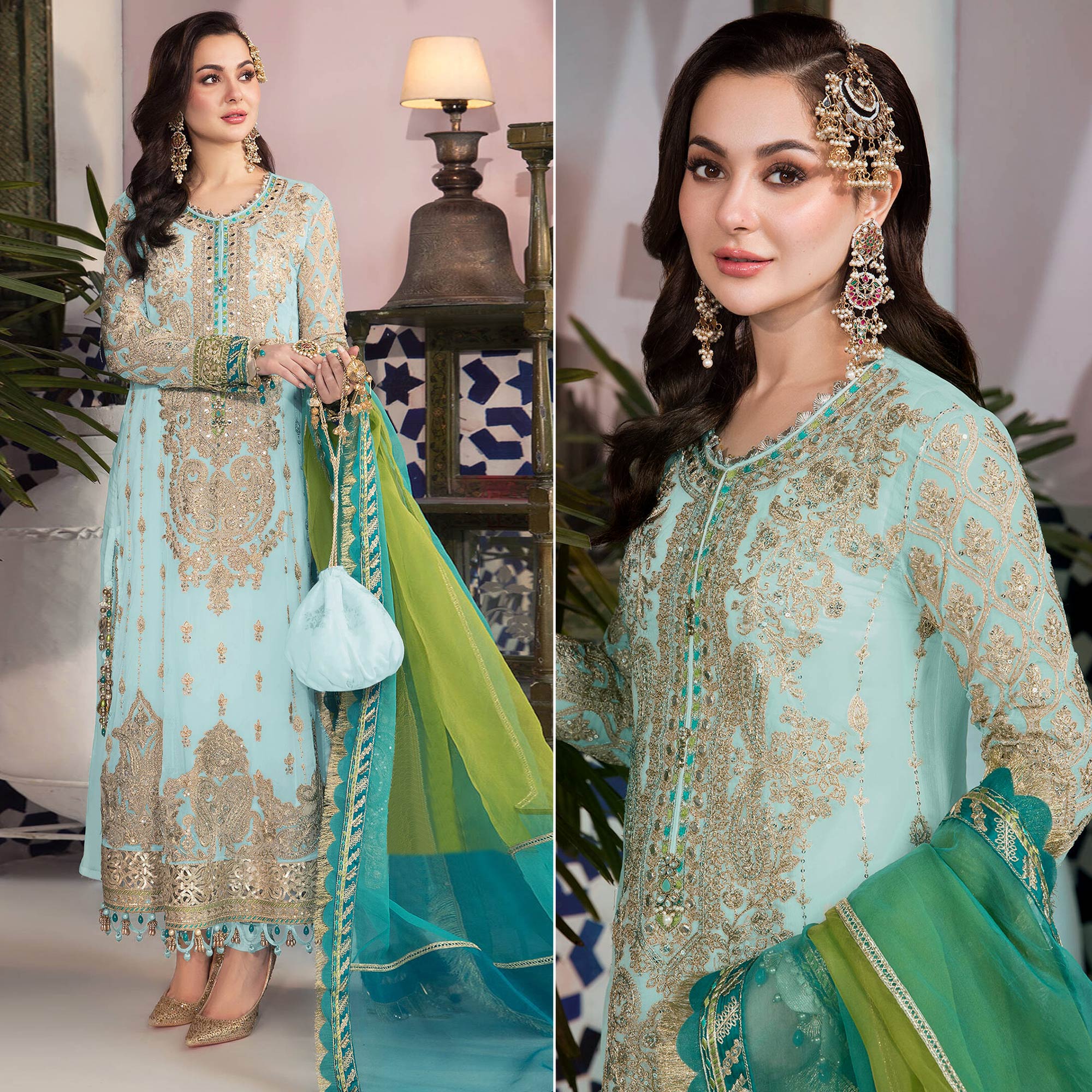 Sky Blue Floral Embroidered Georgette Pakistani Suit