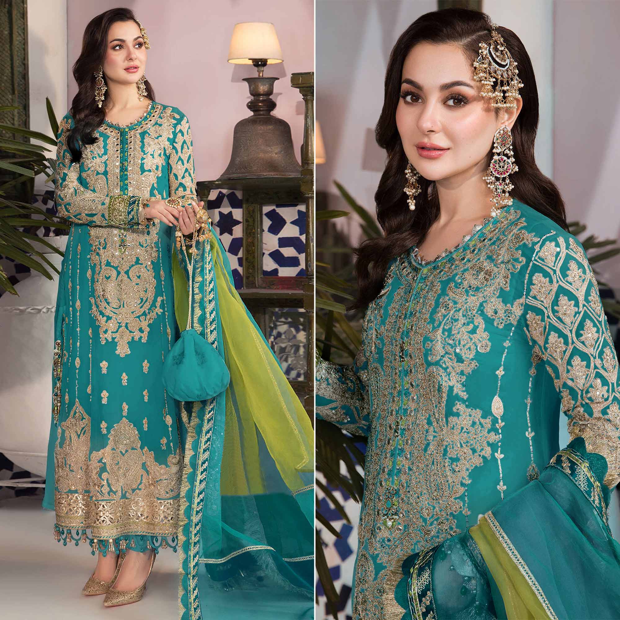 Teal Green Floral Embroidered Georgette Pakistani Suit