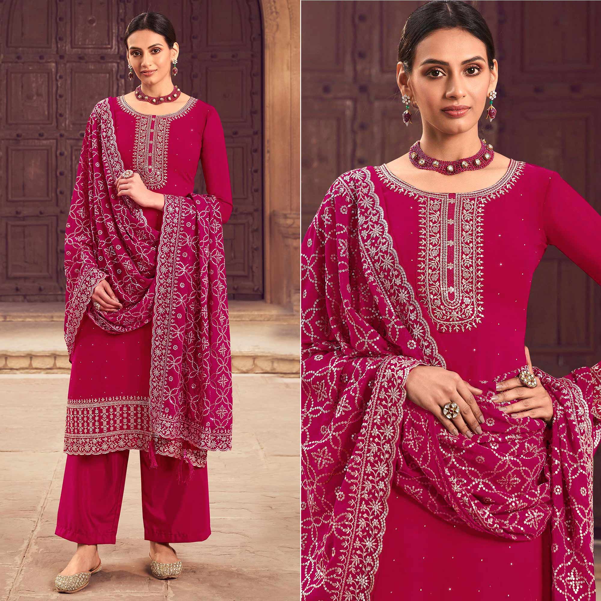 Pink Sequins Embroidered Georgette Semi Stitched Suit