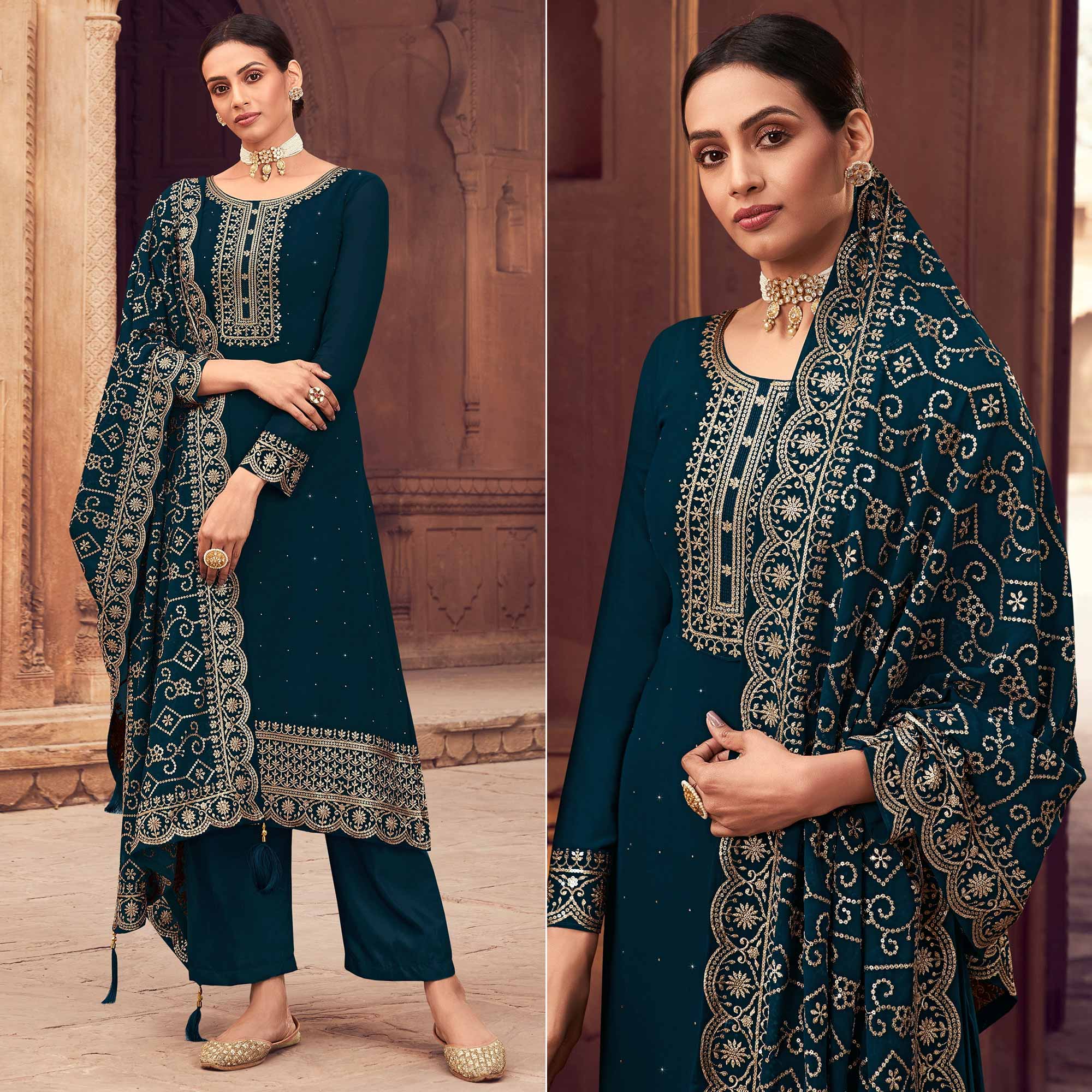 Morpich Sequins Embroidered Georgette Semi Stitched Suit