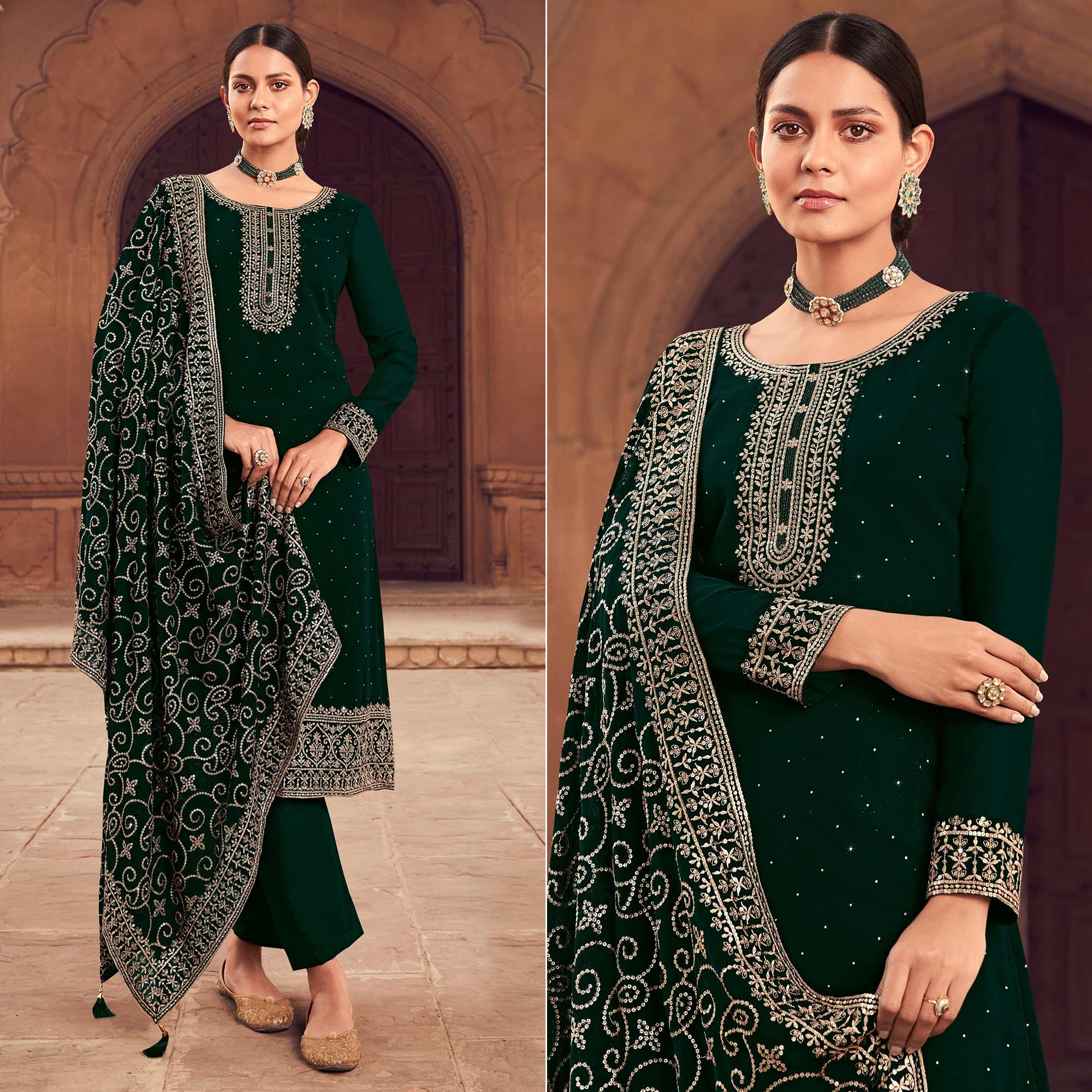 Green Sequins Embroidered Georgette Semi Stitched Suit