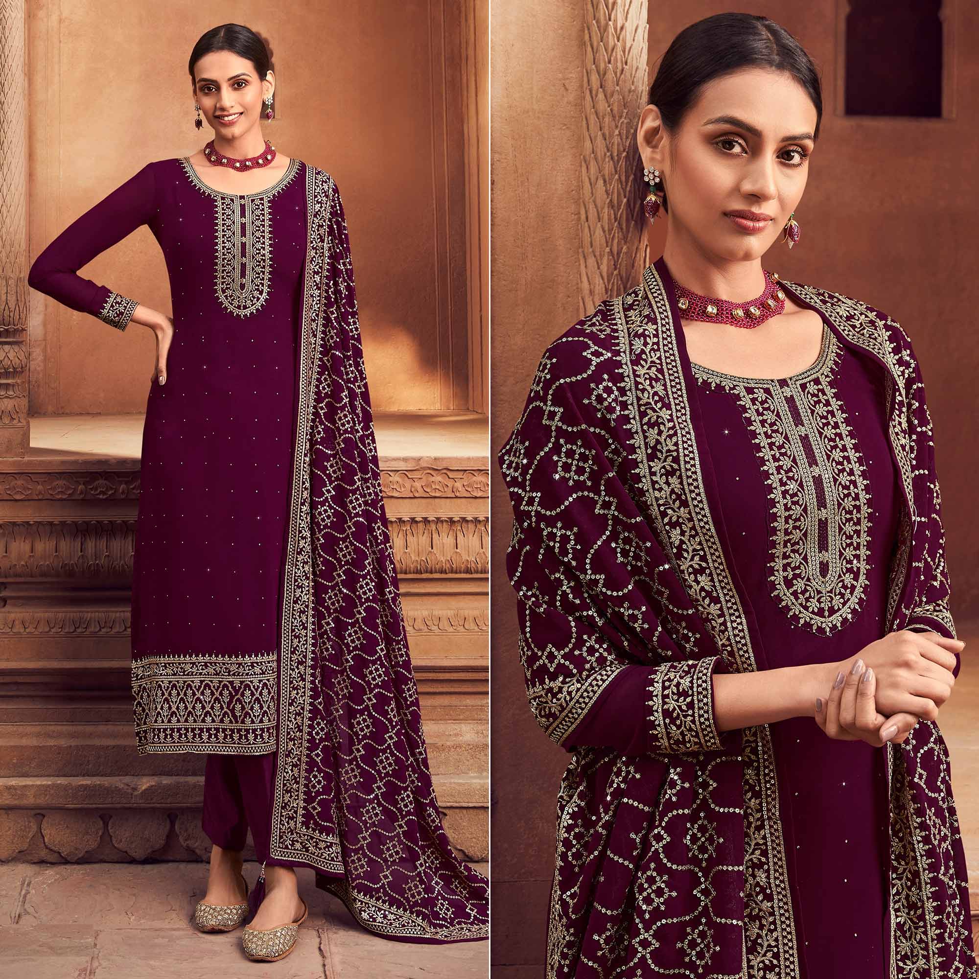 Wine Sequins Embroidered Georgette Semi Stitched Suit