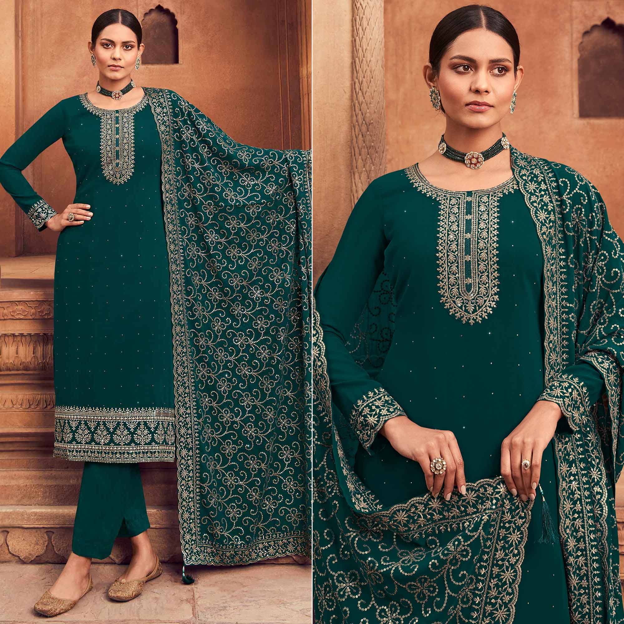 Rama Green Sequins Embroidered Georgette Semi Stitched Suit