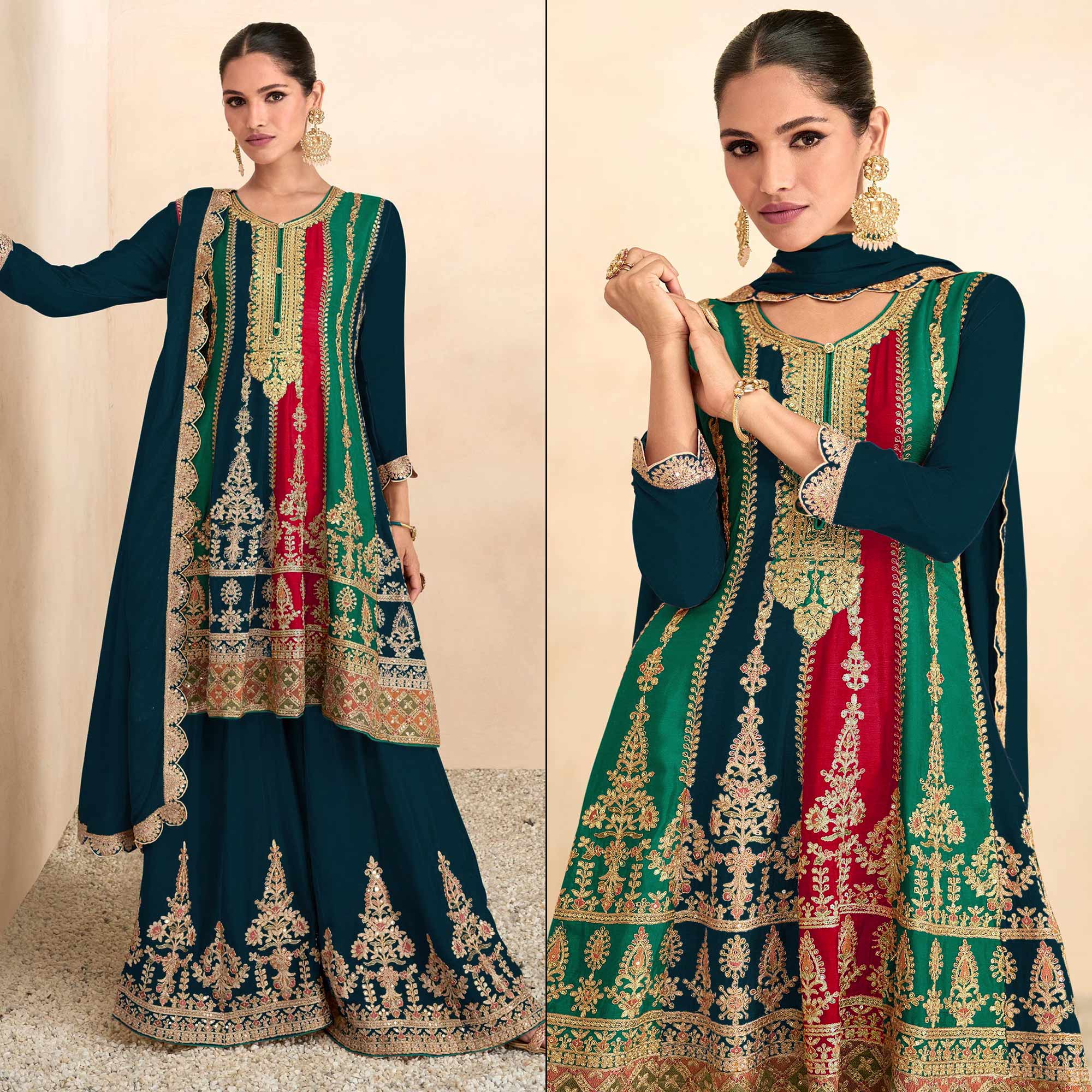 Morpich Sequins Embroidered Chinon Semi Stitched Sharara Suit