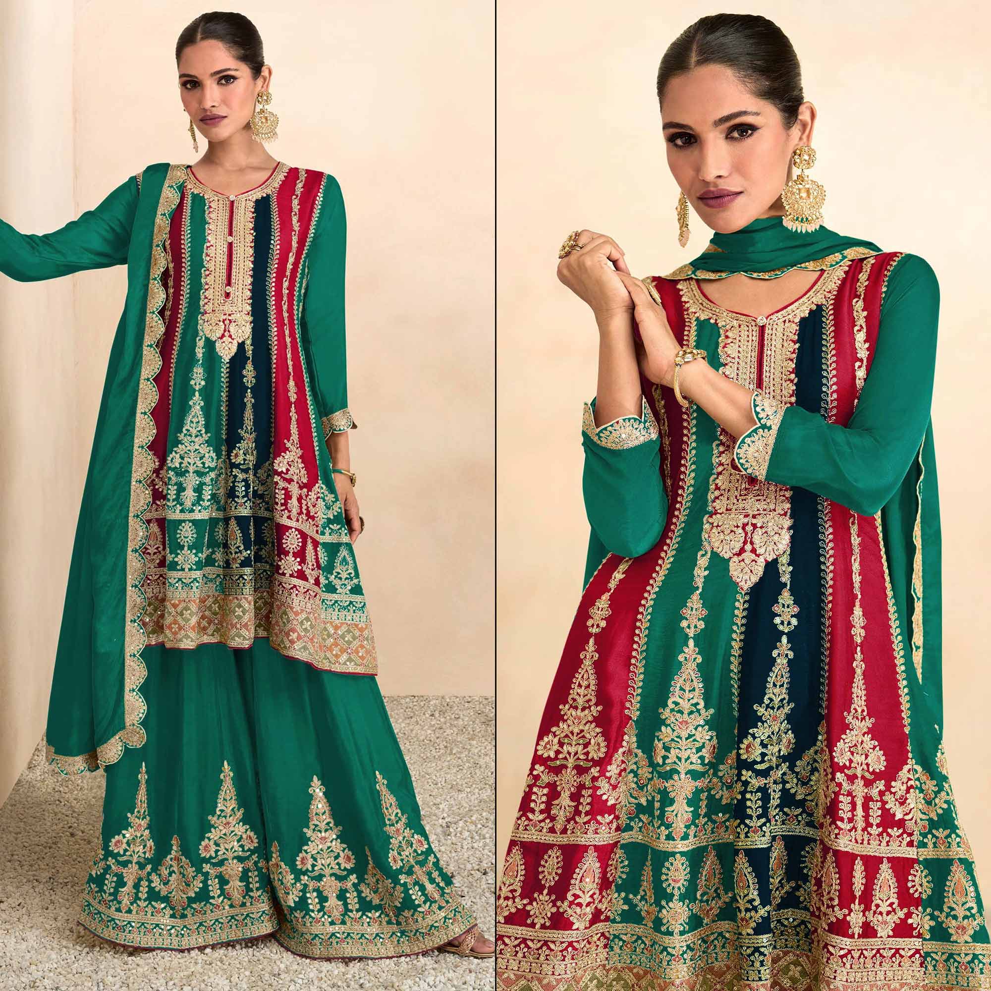 Rama Green Sequins Embroidered Chinon Semi Stitched Sharara Suit