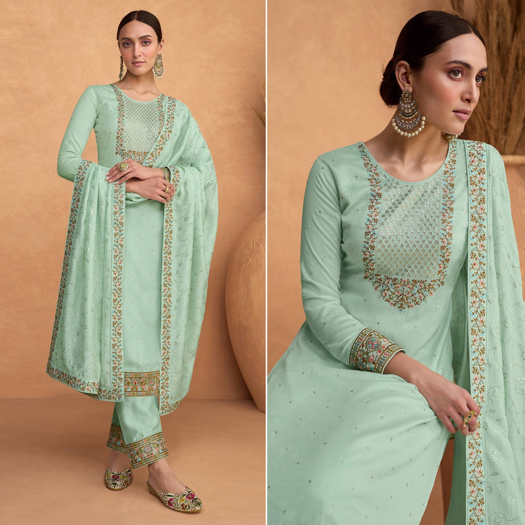 Sea Green Sequins Embroidered Pure Silk Semi Stitched Suit