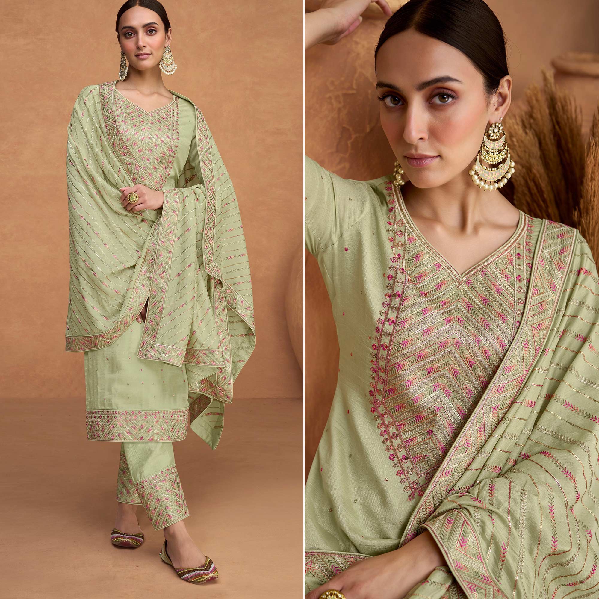 Green Sequins Embroidered Pure Silk Semi Stitched Suit
