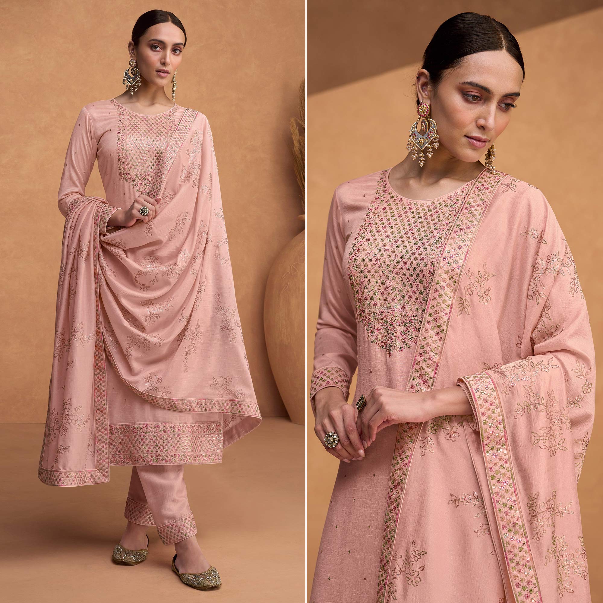 Peach Sequins Embroidered Pure Silk Semi Stitched Suit