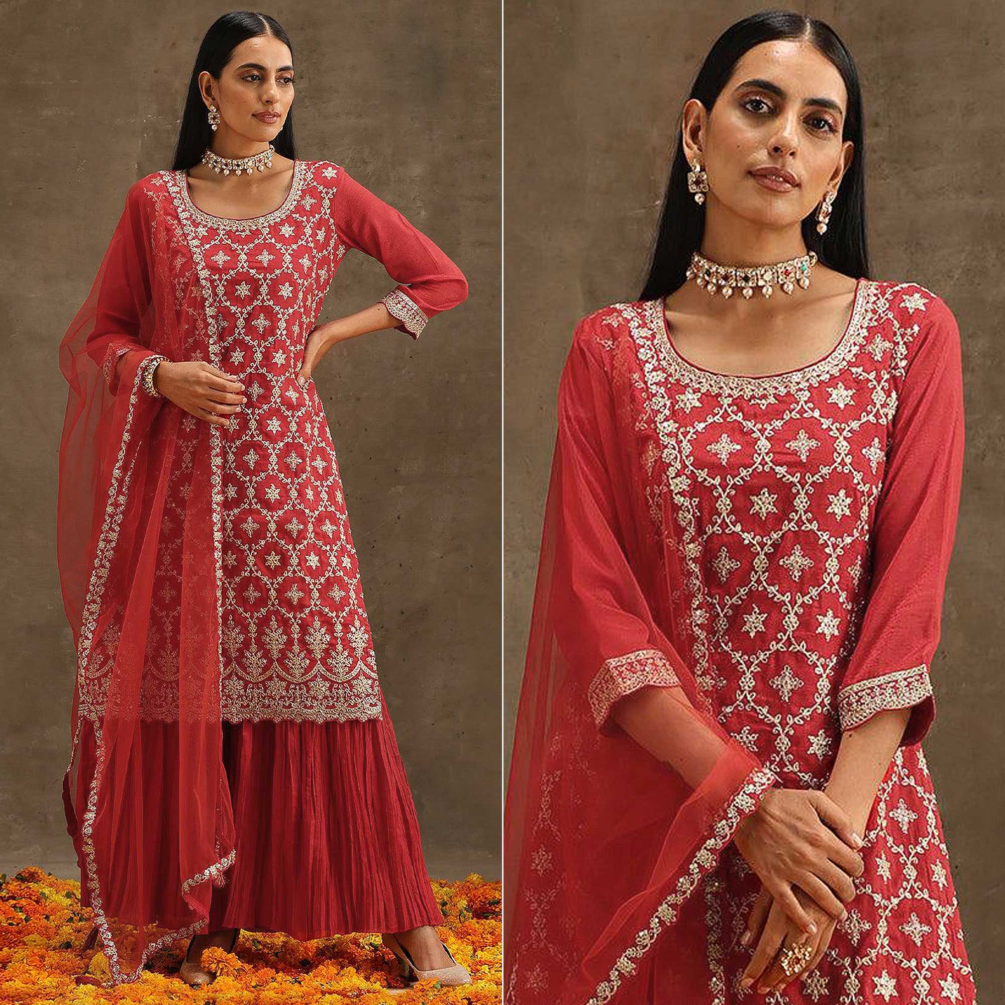 Red Embroidered Georgette Semi Stitched Suit