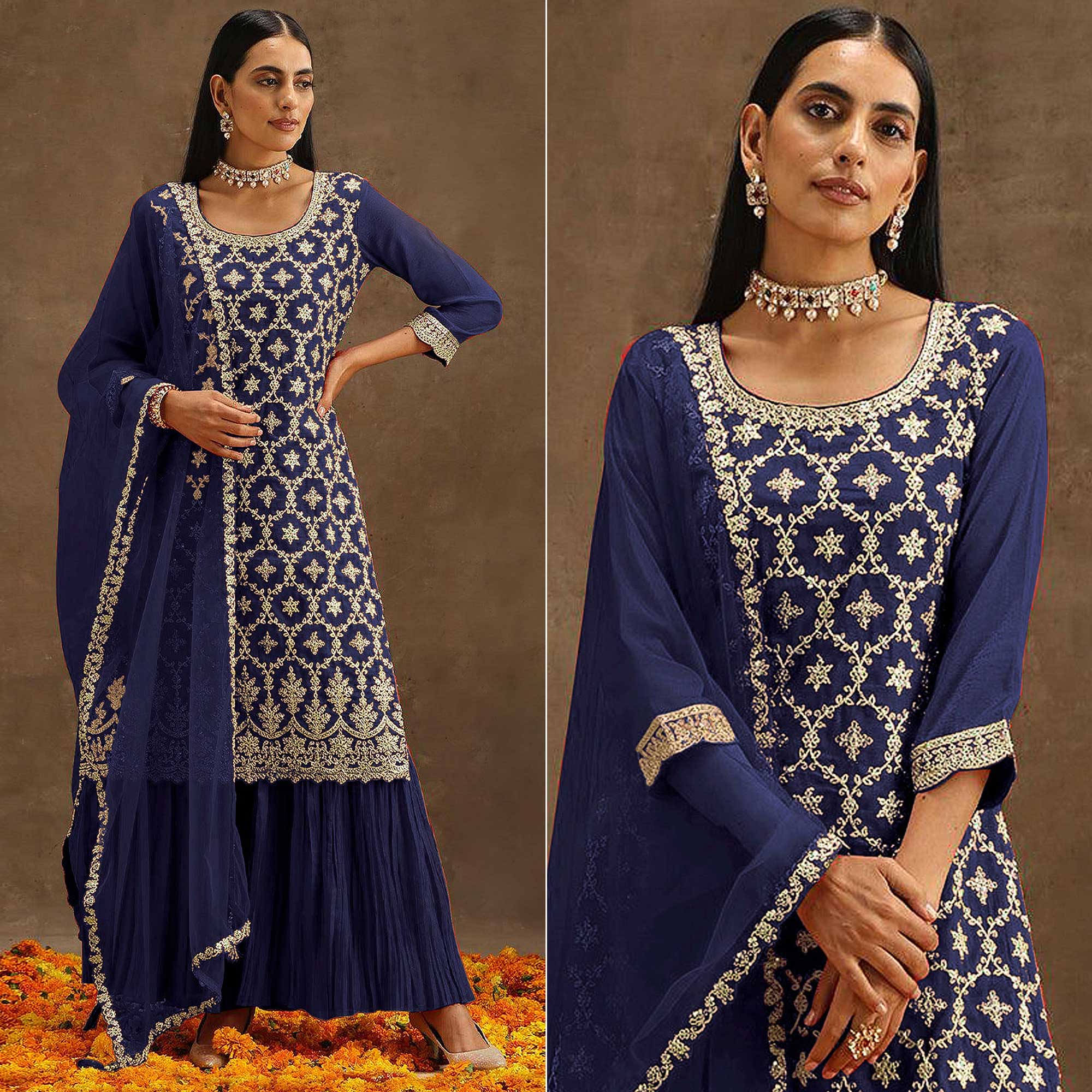 Blue Embroidered Georgette Semi Stitched Suit