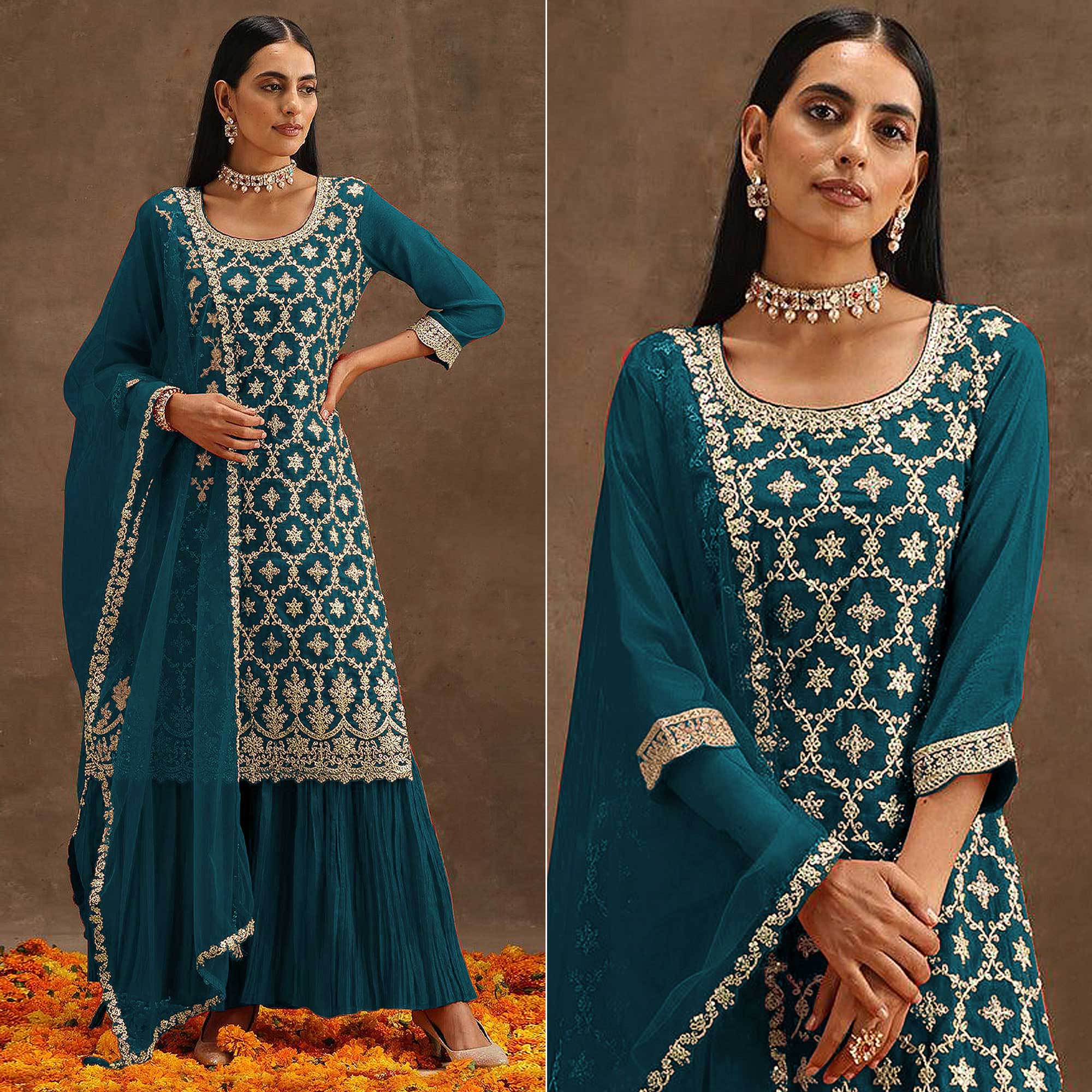 Teal Embroidered Georgette Semi Stitched Suit