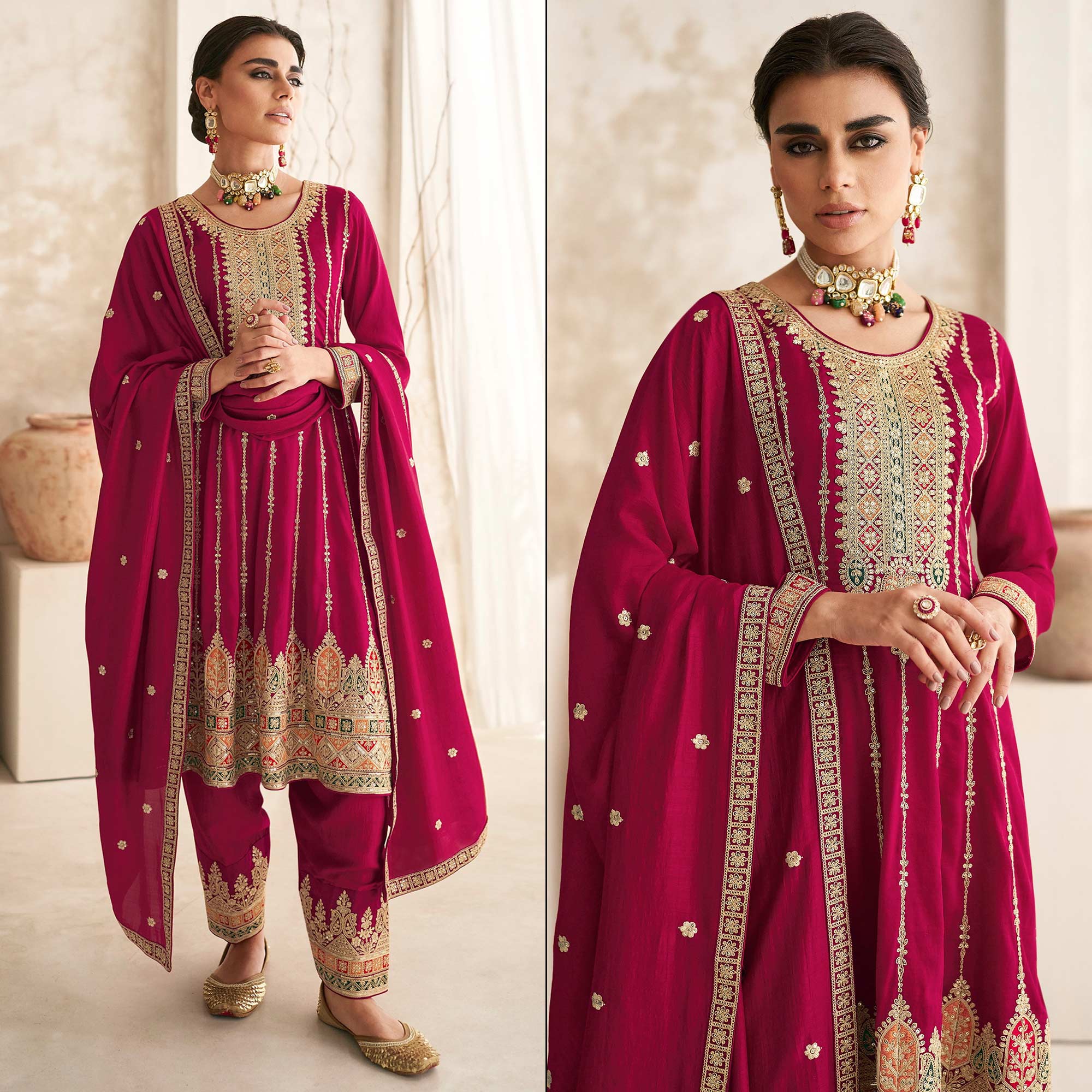 Magenta Sequins Embroidered Georgette Semi Stitched Anarkali Suit