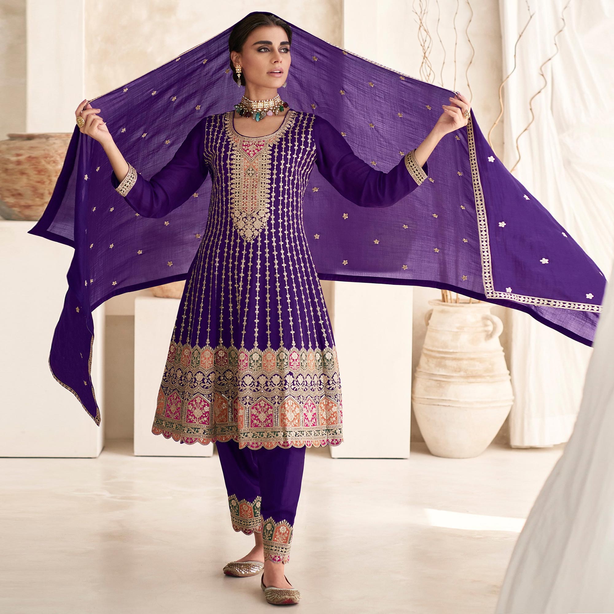 Purple Sequins Embroidered Georgette Semi Stitched Anarkali Suit