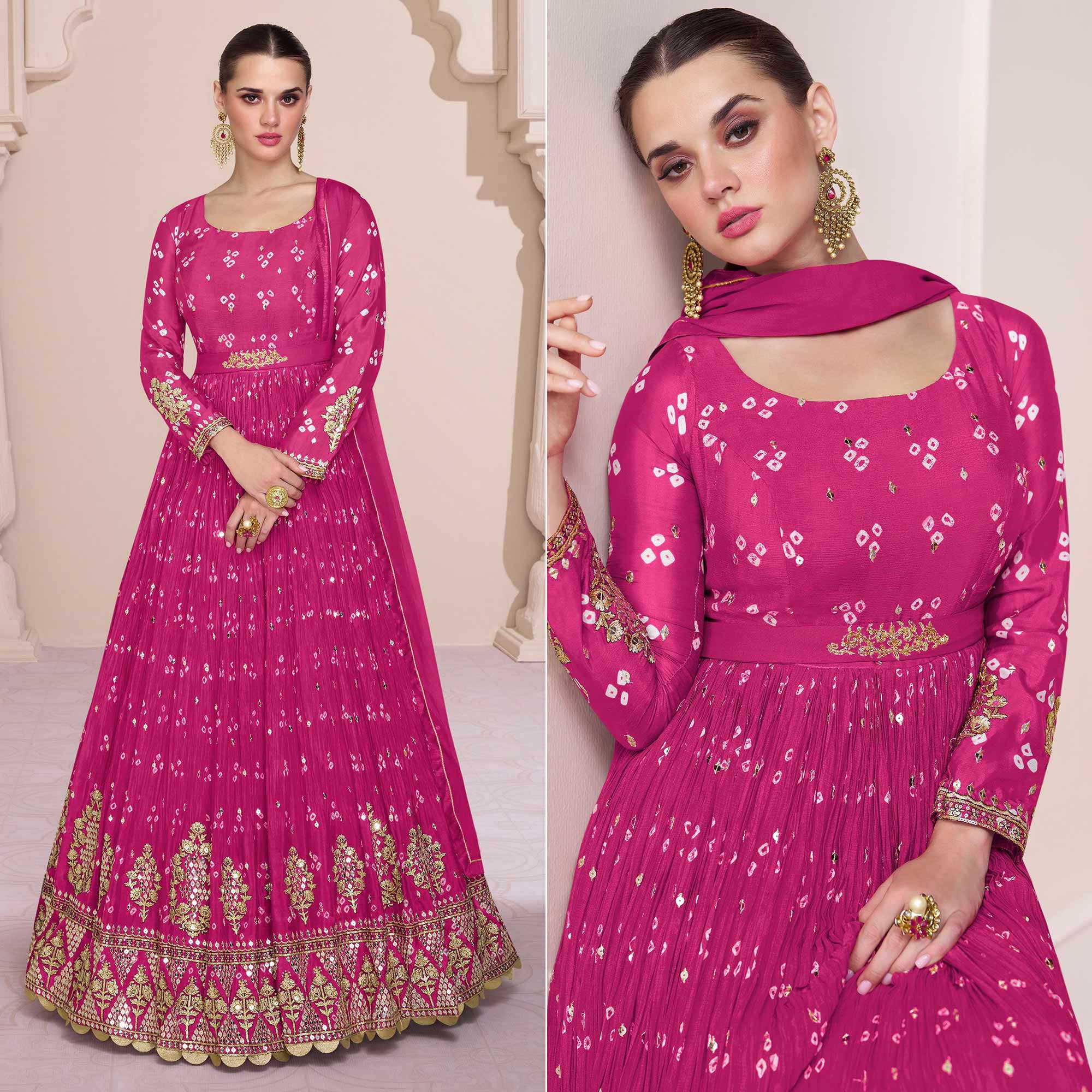 Pink Embroidered With Printed Georgette Semi Stitched Anarkali Suit