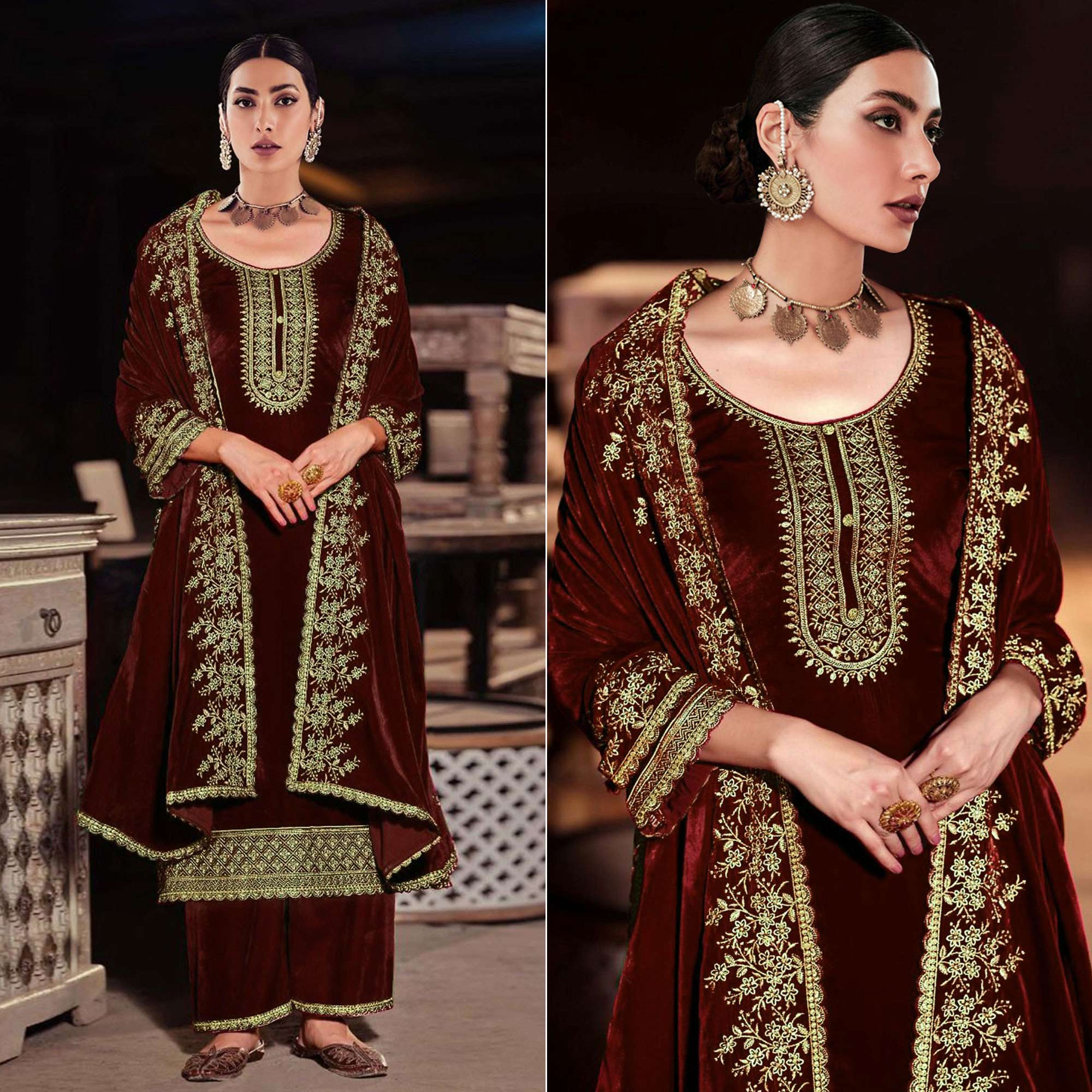 Maroon Floral Embroidered Velvet Semi Stitched Suit