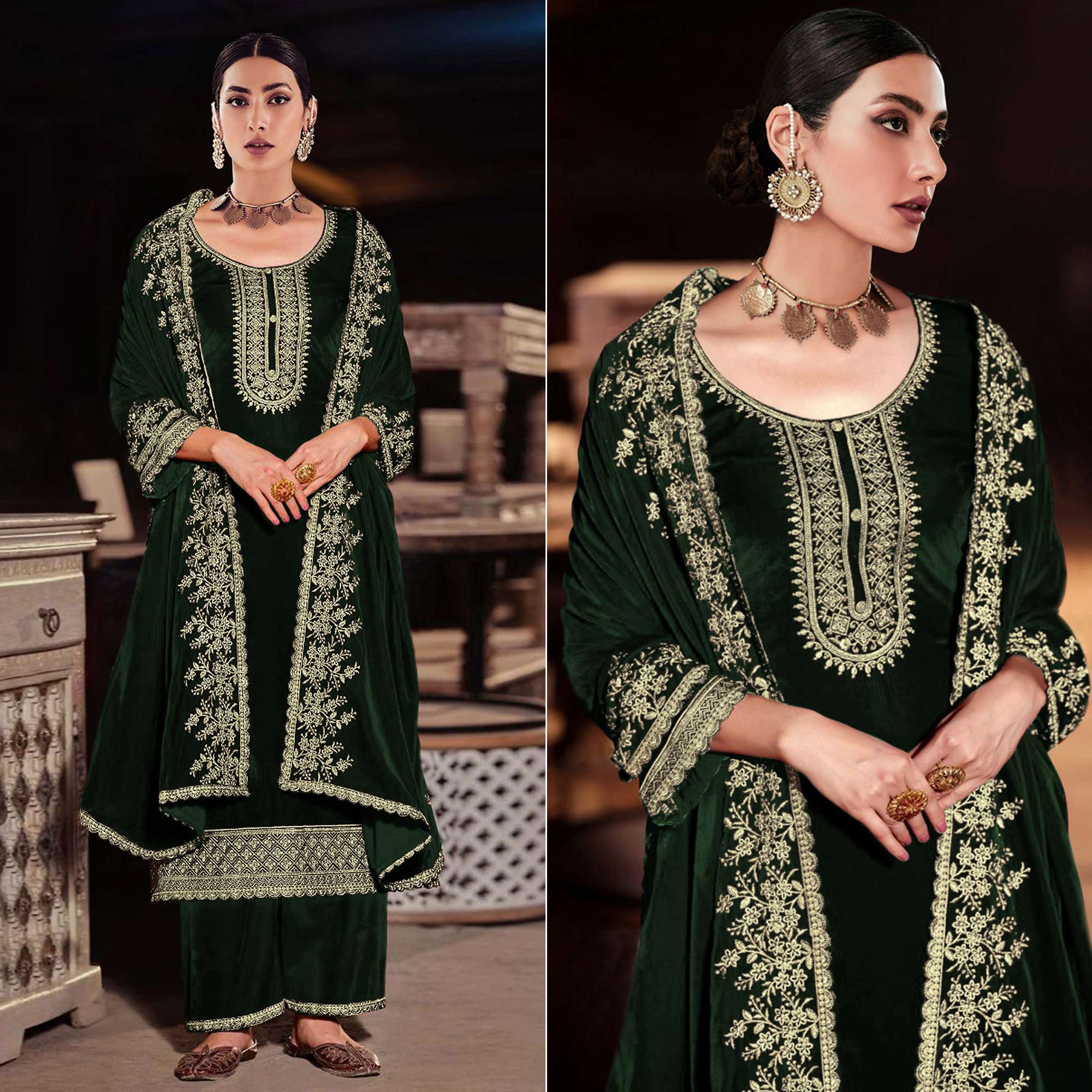 Green Floral Embroidered Velvet Semi Stitched Suit