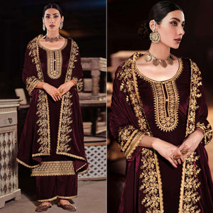 Wine Floral Embroidered Velvel Semi Stitched Suit