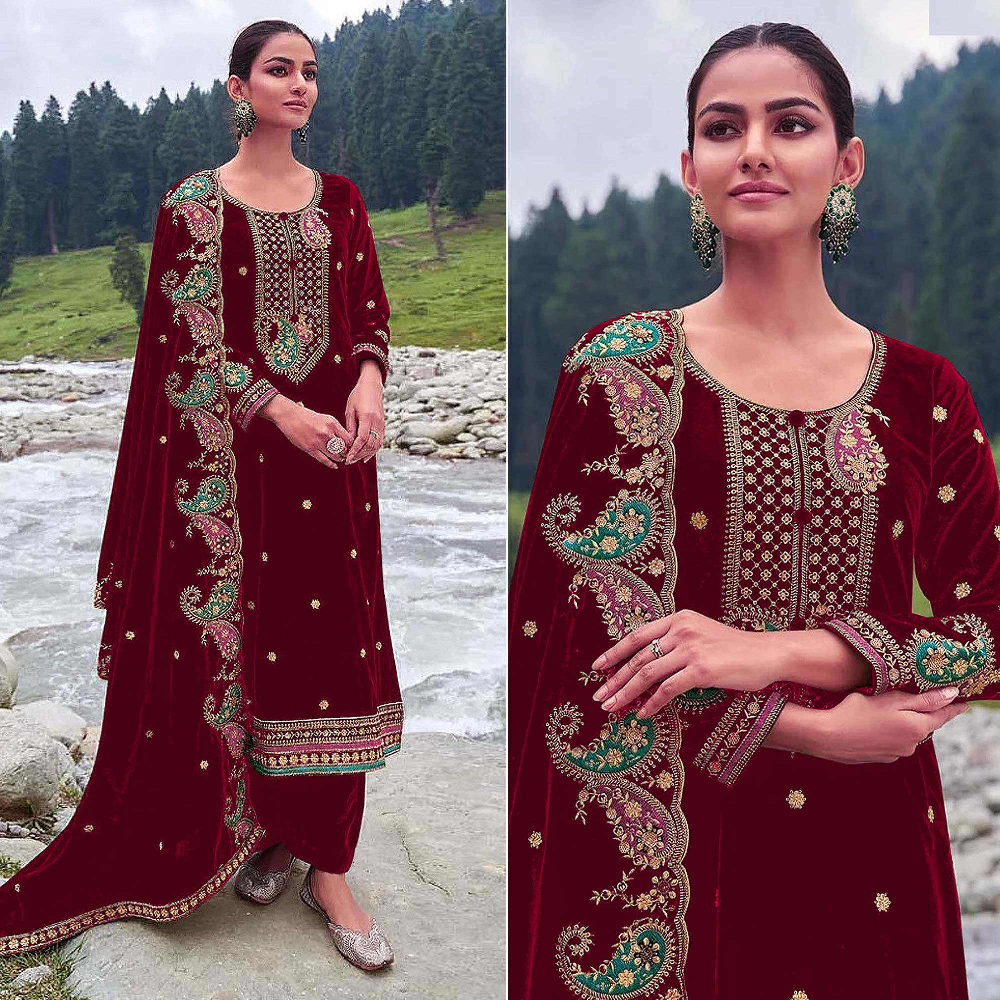 Maroon Floral Embroidered Velvet Semi Stitched Salwar Suit