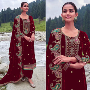 Maroon Floral Embroidered Velvet Semi Stitched Salwar Suit