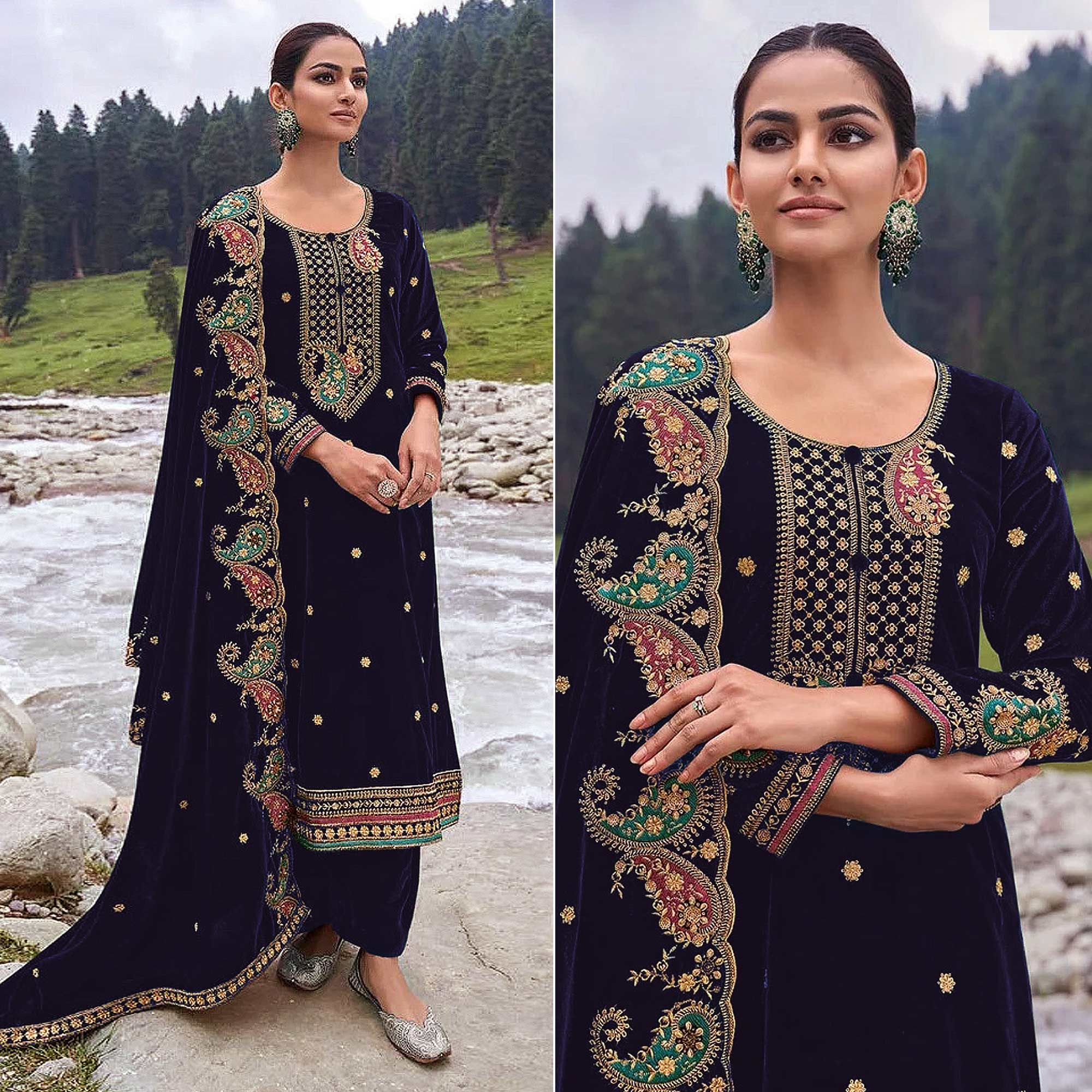 Navy Blue Floral Embroidered Velvet Semi Stitched Salwar Suit