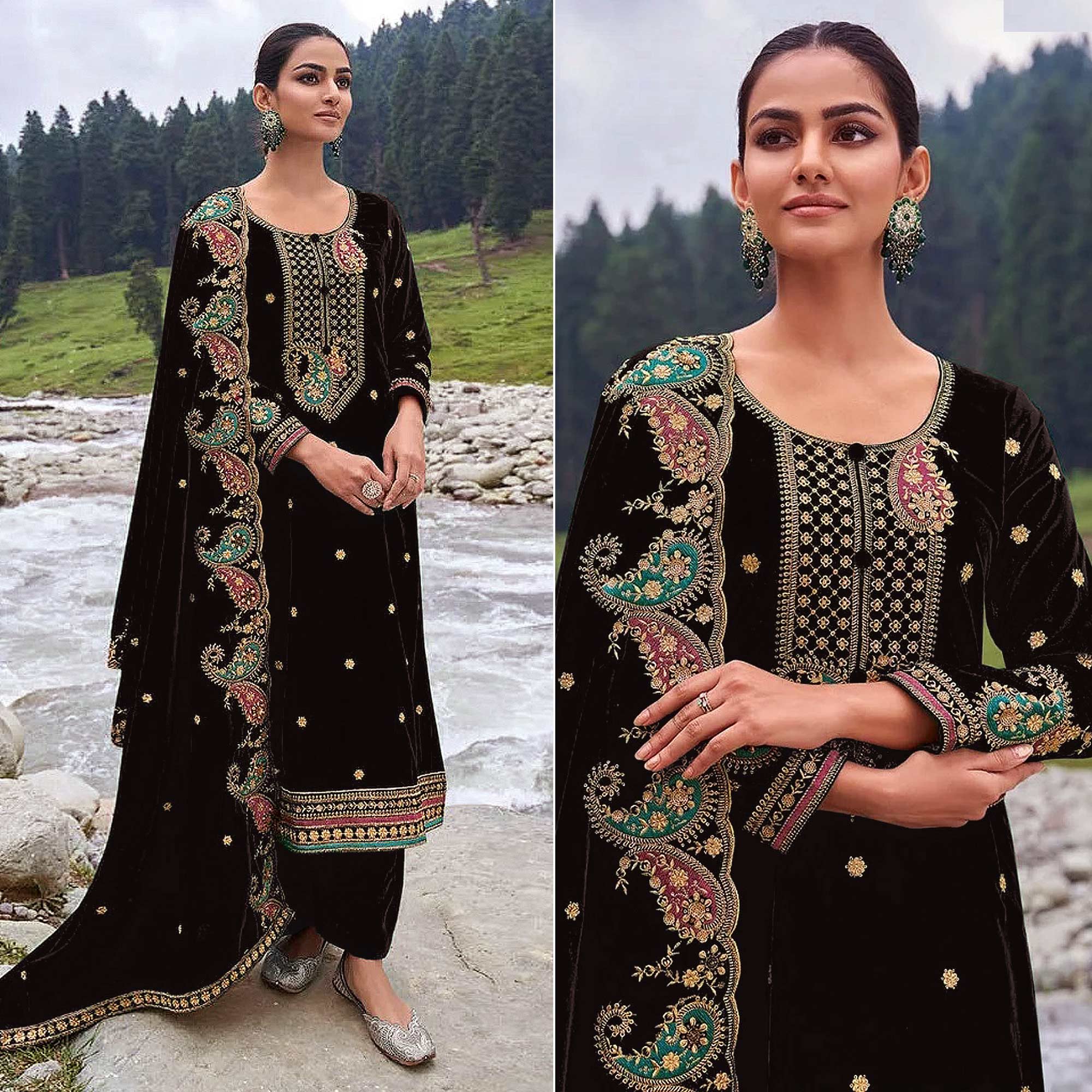 Black Floral Embroidered Velvet Semi Stitched Salwar Suit