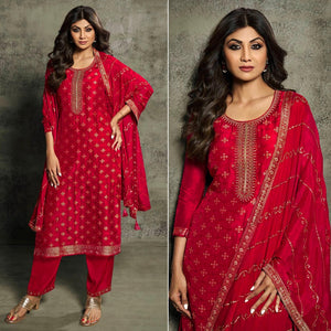 Red Floral Woven Jacquard Semi Stitched Salwar Suit