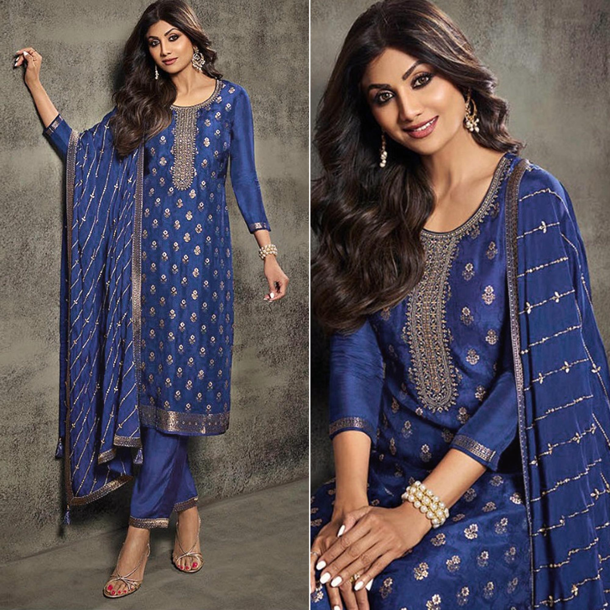 Blue Floral Woven Jacquard Semi Stitched Salwar Suit