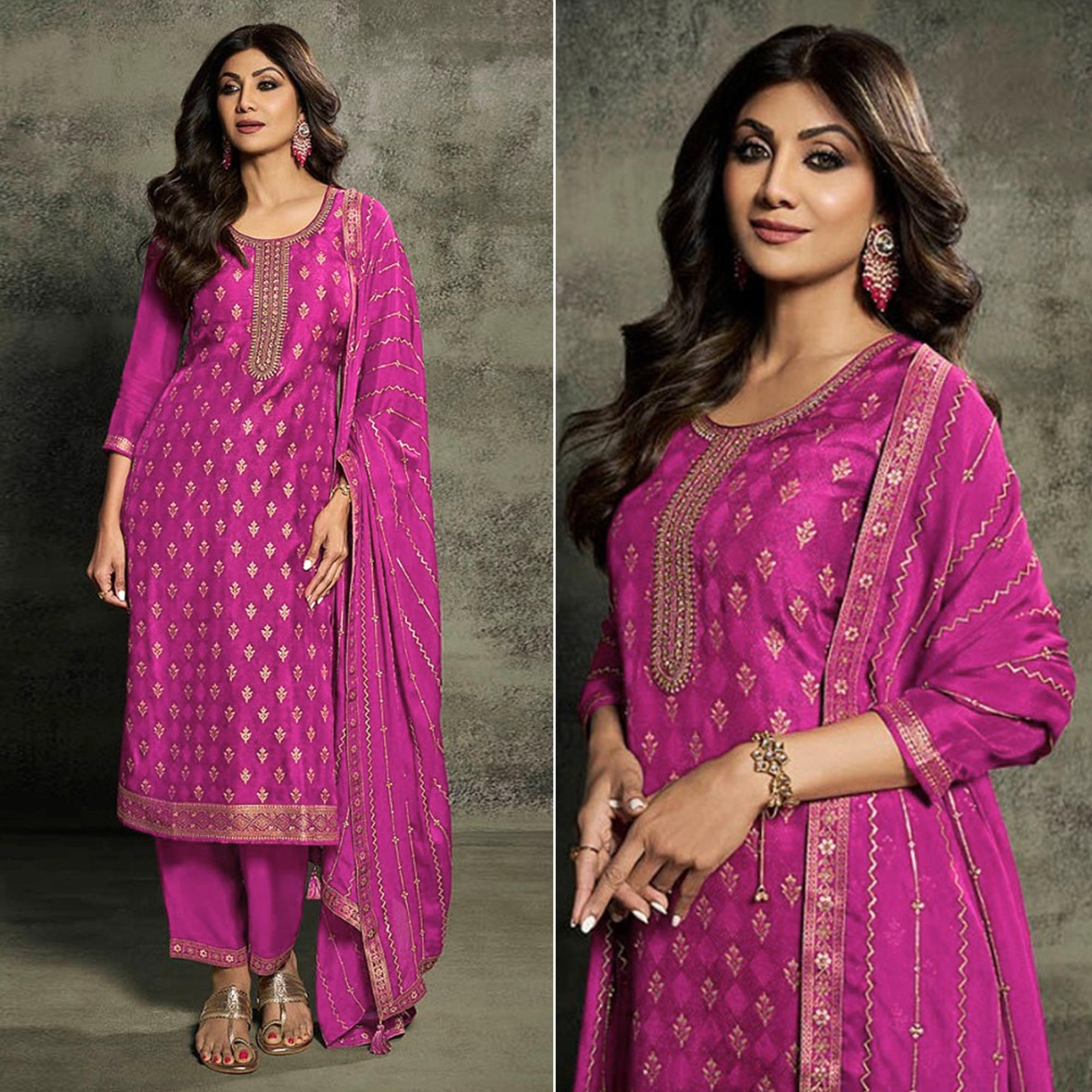 Rani Pink Floral Woven Jacquard Semi Stitched Salwar Suit