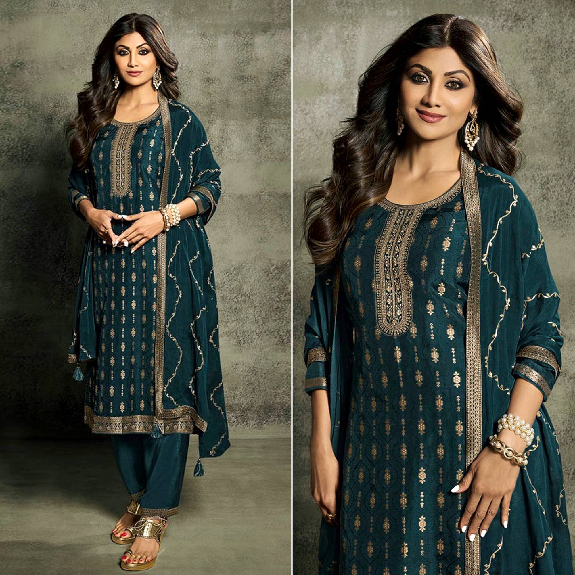 Teal Floral Woven Jacquard Semi Stitched Salwar Suit