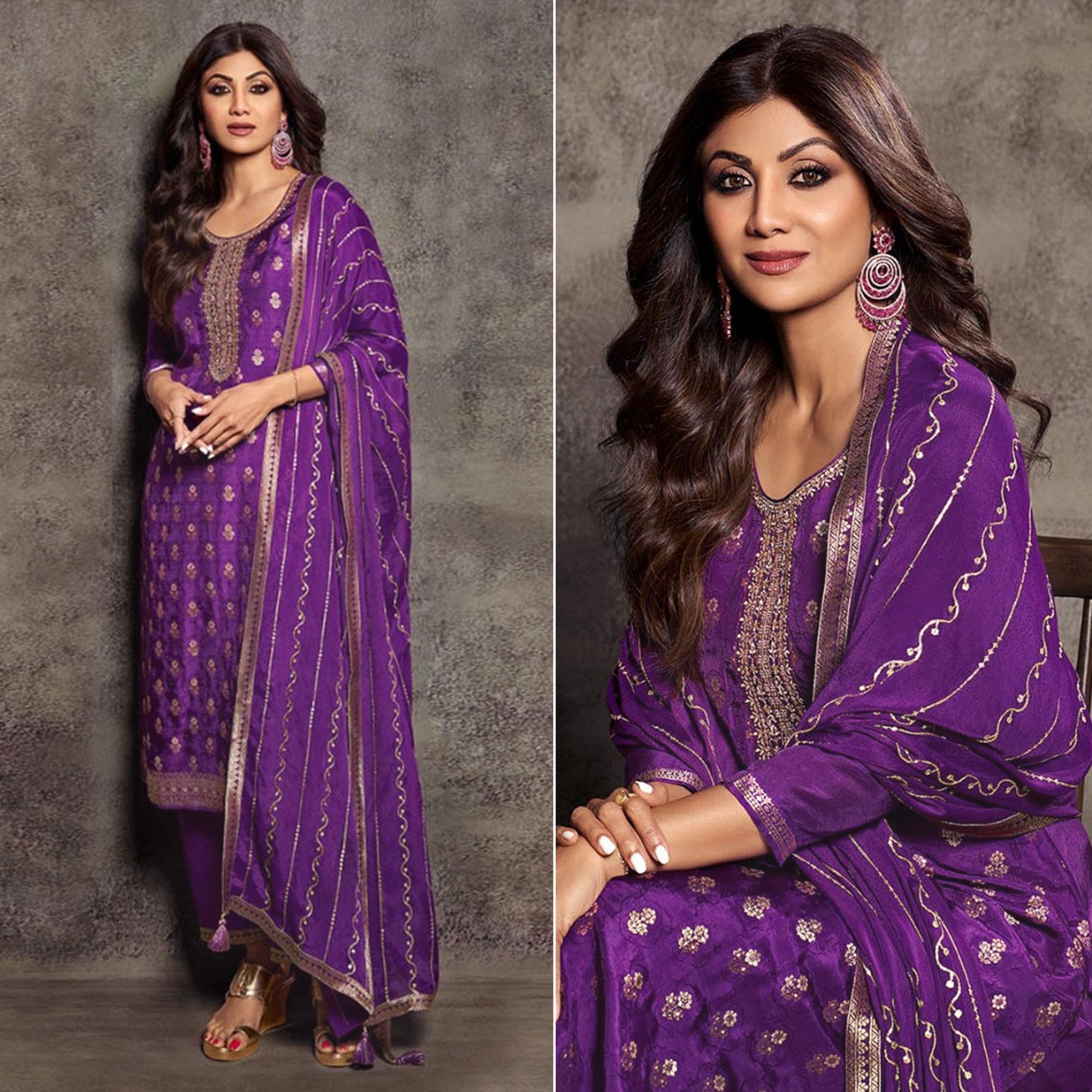 Purple Floral Woven Jacquard Semi Stitched Salwar Suit